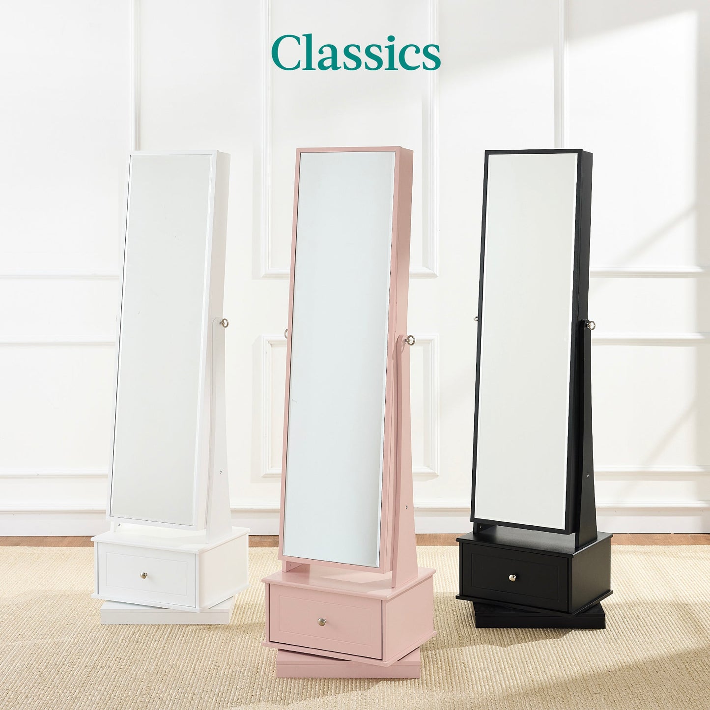 360 Swivel Mirrored Jewelry Cabinet Armoire with LED Lights Mirror designed for everyday comfort and storage