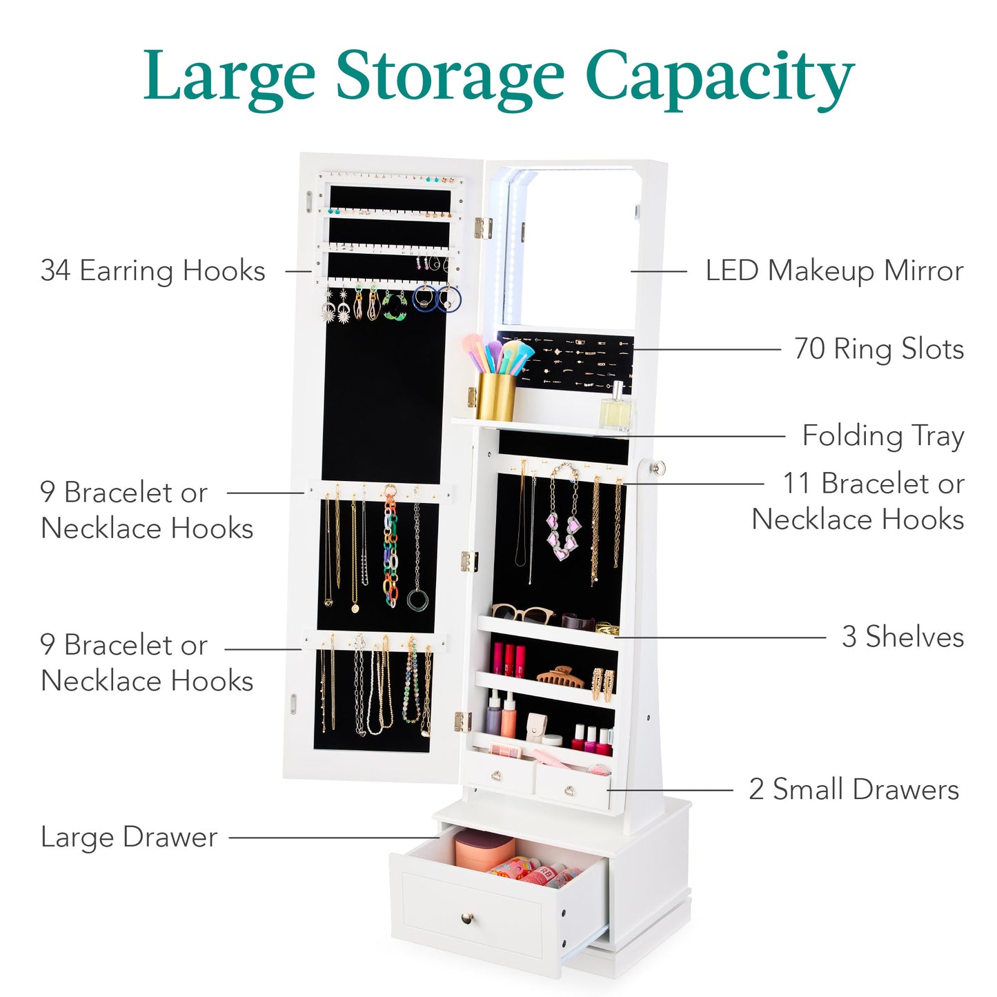 360 Swivel Mirrored Jewelry Cabinet Armoire with LED Lights Mirror designed for everyday comfort and storage