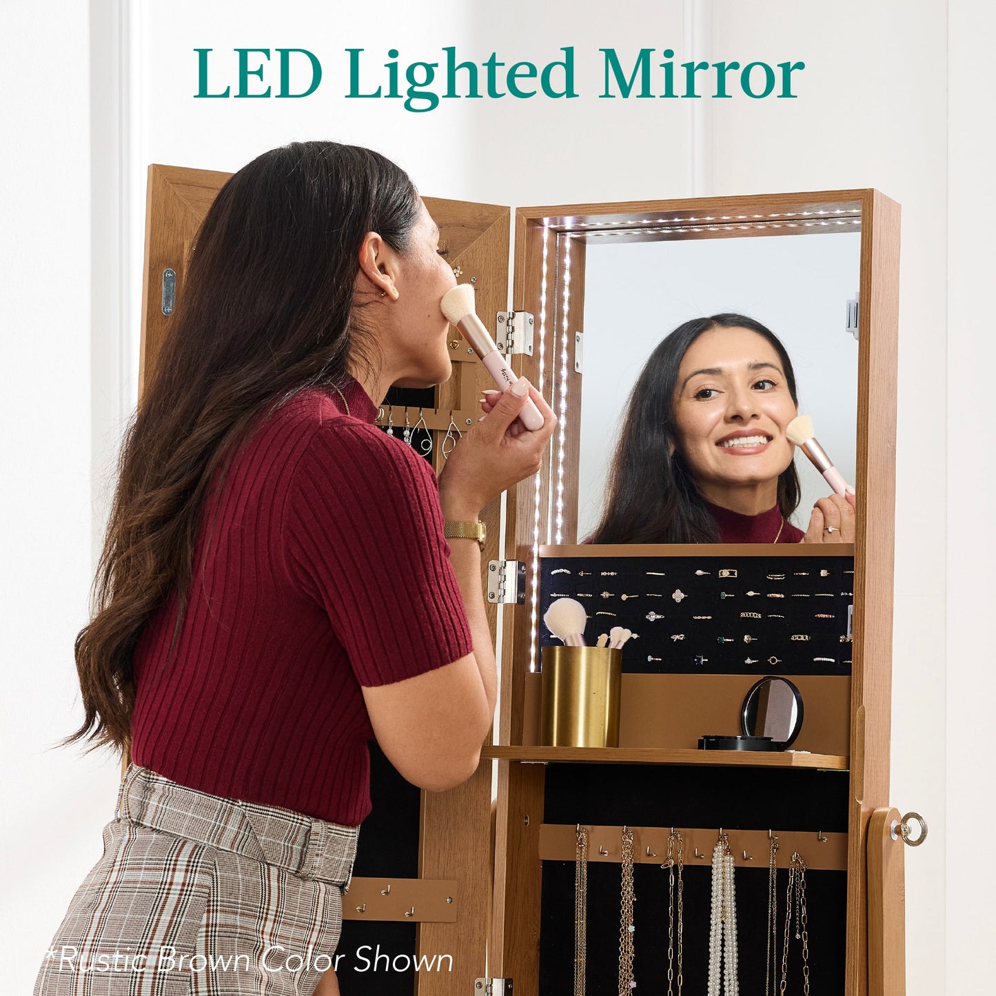 360 Swivel Mirrored Jewelry Cabinet Armoire with LED Lights Mirror designed for everyday comfort and storage