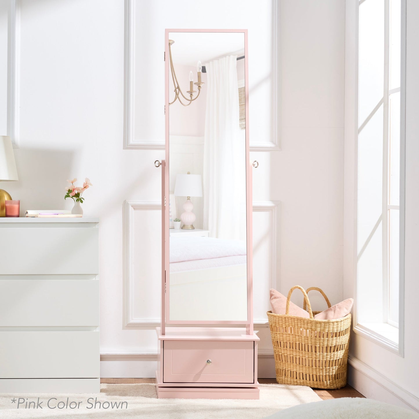 360 Swivel Mirrored Jewelry Cabinet Armoire with LED Lights Mirror designed for everyday comfort and storage