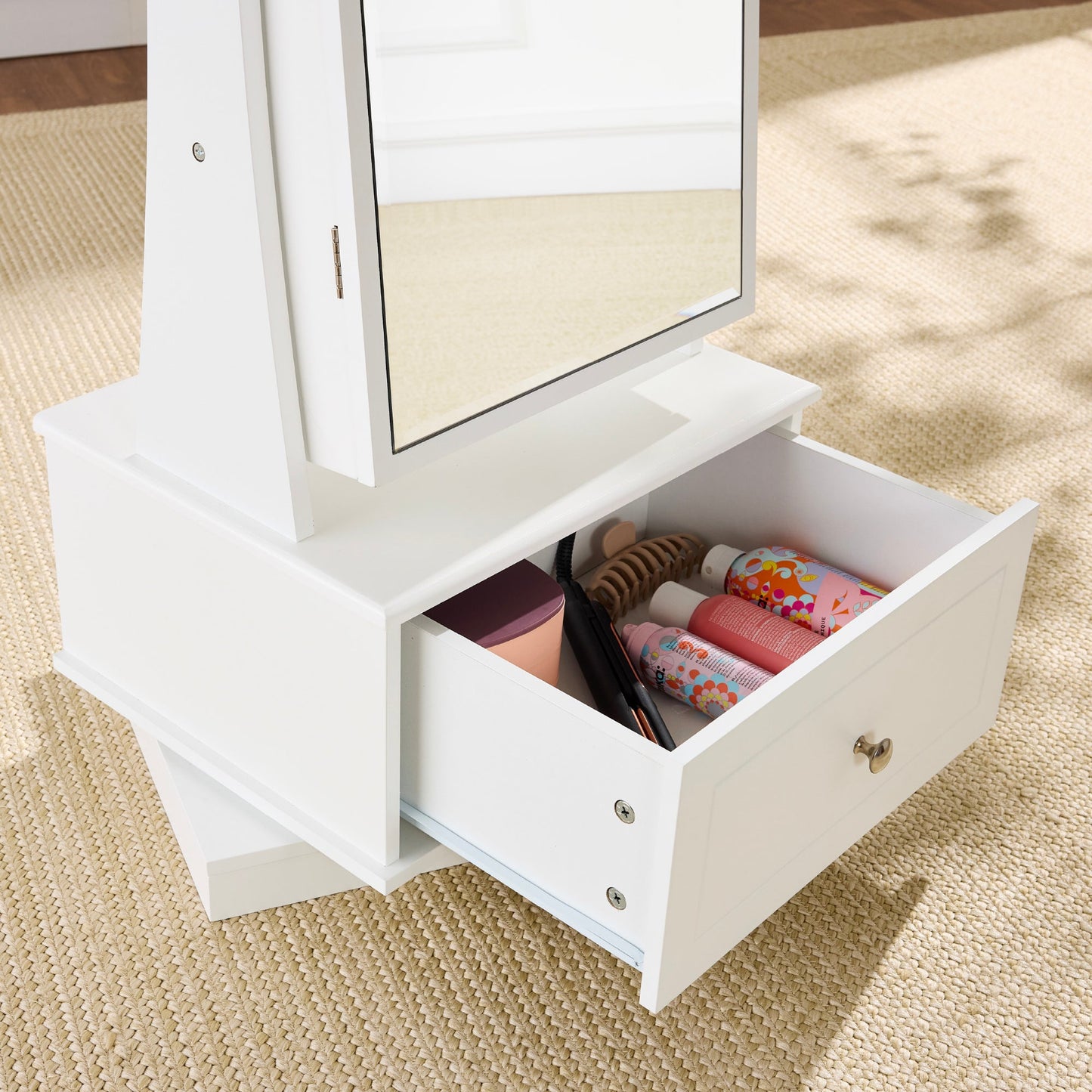 360 Swivel Mirrored Jewelry Cabinet Armoire with LED Lights Mirror designed for everyday comfort and storage