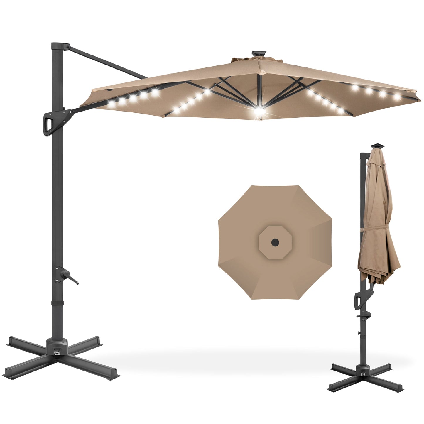 360-Degree Solar LED Cantilever Offset Patio Umbrella with Tilt - 10ft for outdoor comfort and convenience