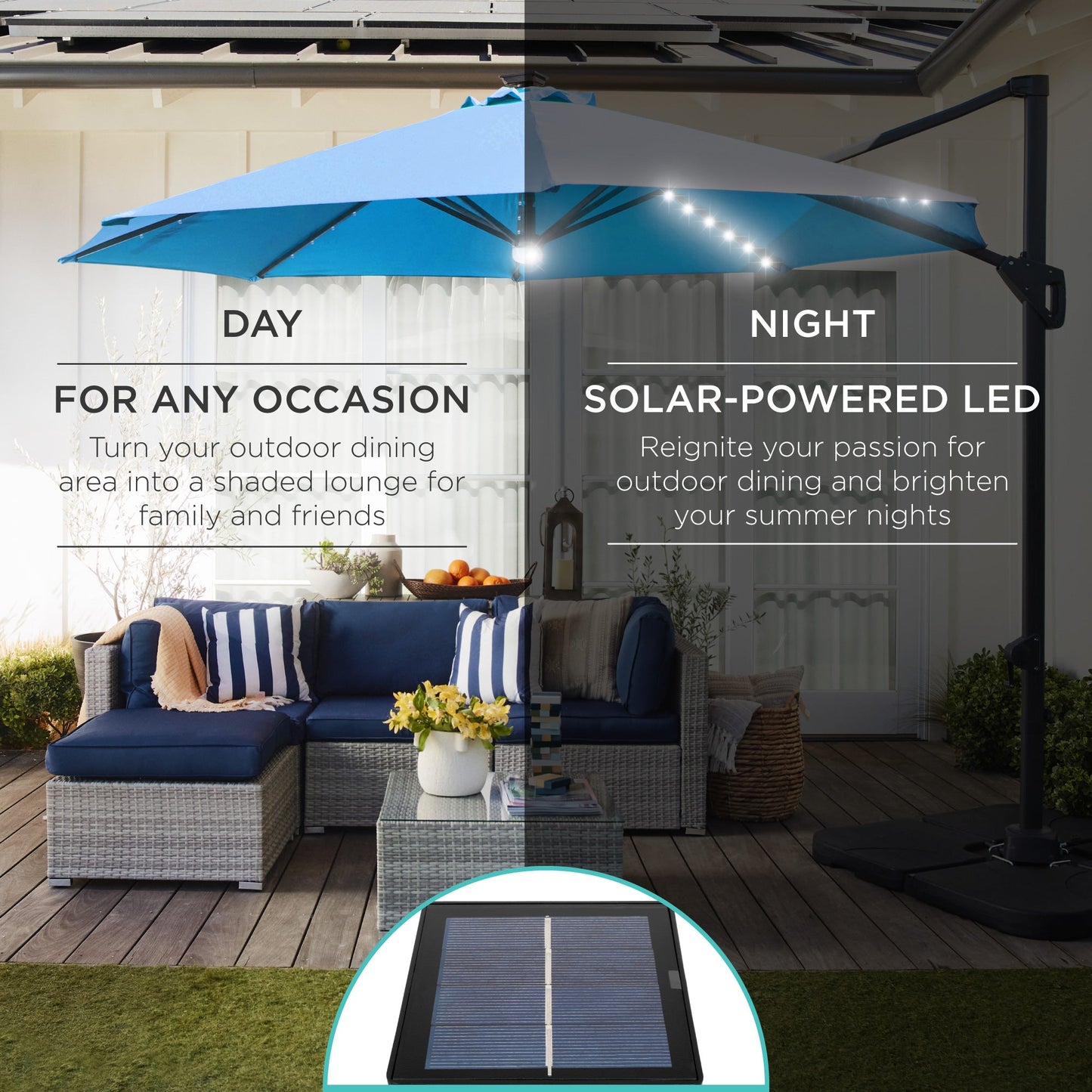 360-Degree Solar LED Cantilever Offset Patio Umbrella with Tilt - 10ft for outdoor comfort and convenience
