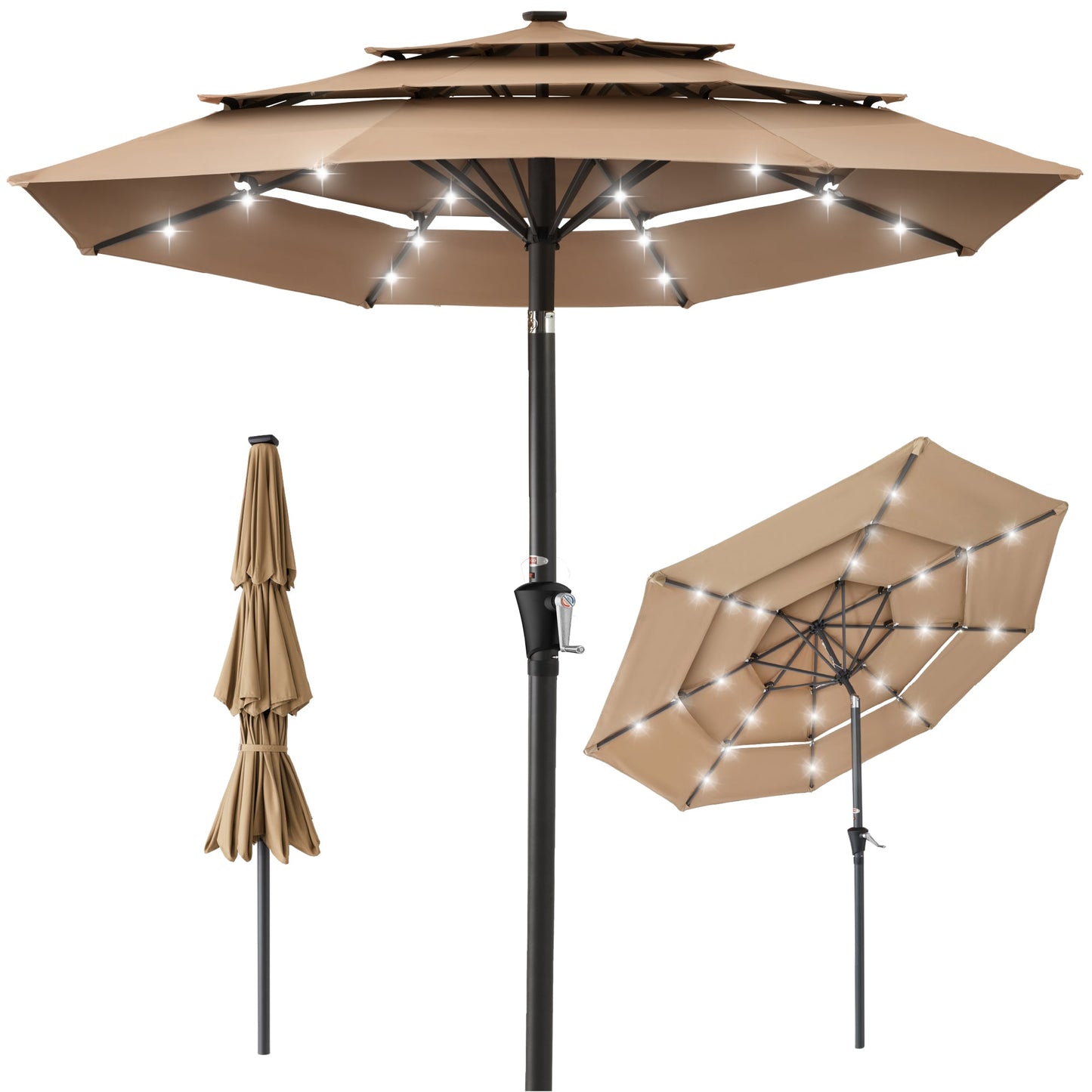 3-Tier Solar Patio Umbrella with LED Lights Tilt Adjustment Crank - 10ft for outdoor comfort and convenience
