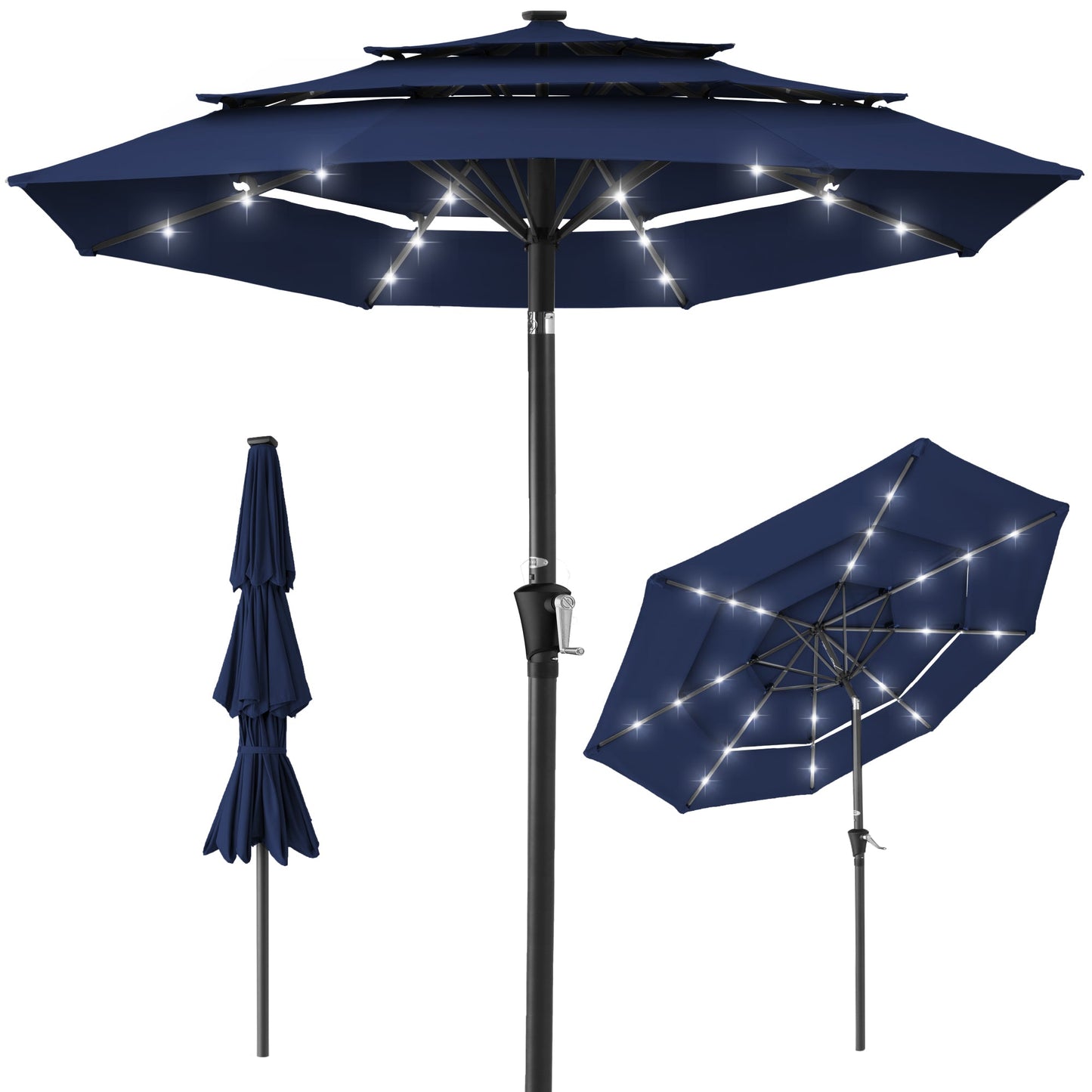 3-Tier Solar Patio Umbrella with LED Lights Tilt Adjustment Crank - 10ft for outdoor comfort and convenience