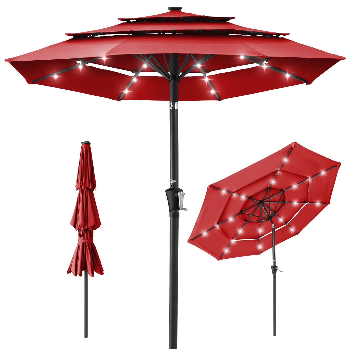 3-Tier Solar Patio Umbrella with LED Lights Tilt Adjustment Crank - 10ft for outdoor comfort and convenience