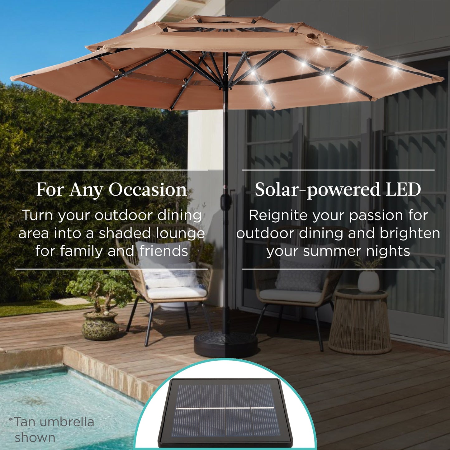 3-Tier Solar Patio Umbrella with LED Lights Tilt Adjustment Crank - 10ft for outdoor comfort and convenience