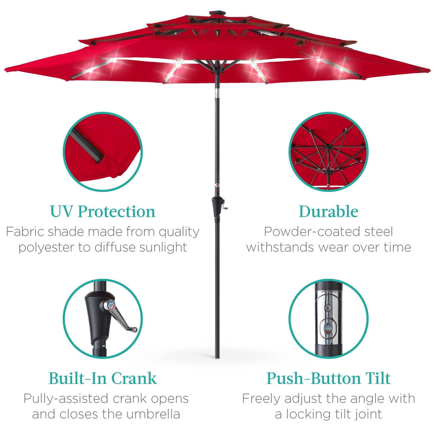 3-Tier Solar Patio Umbrella with LED Lights Tilt Adjustment Crank - 10ft for outdoor comfort and convenience