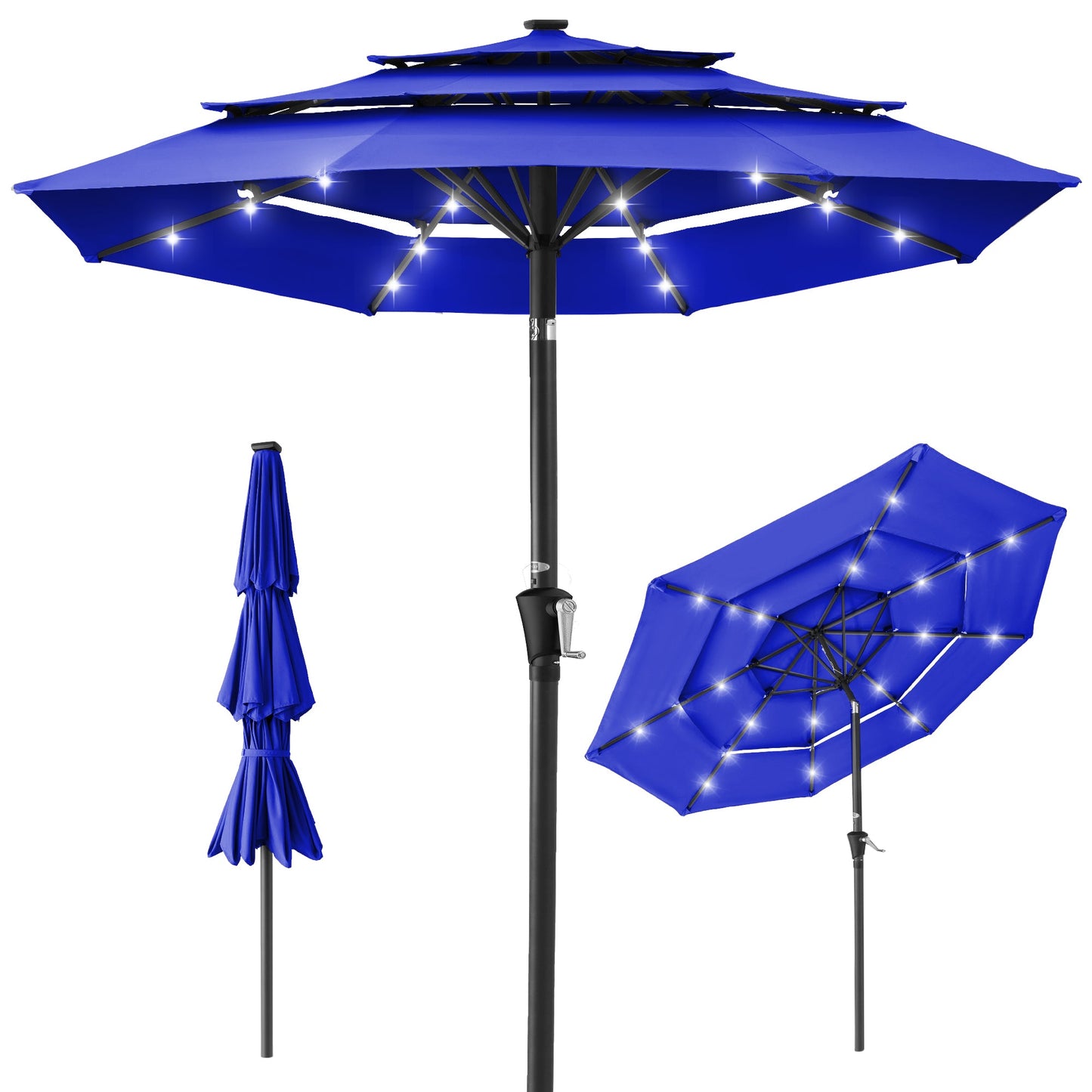 3-Tier Solar Patio Umbrella with LED Lights Tilt Adjustment Crank - 10ft for outdoor comfort and convenience