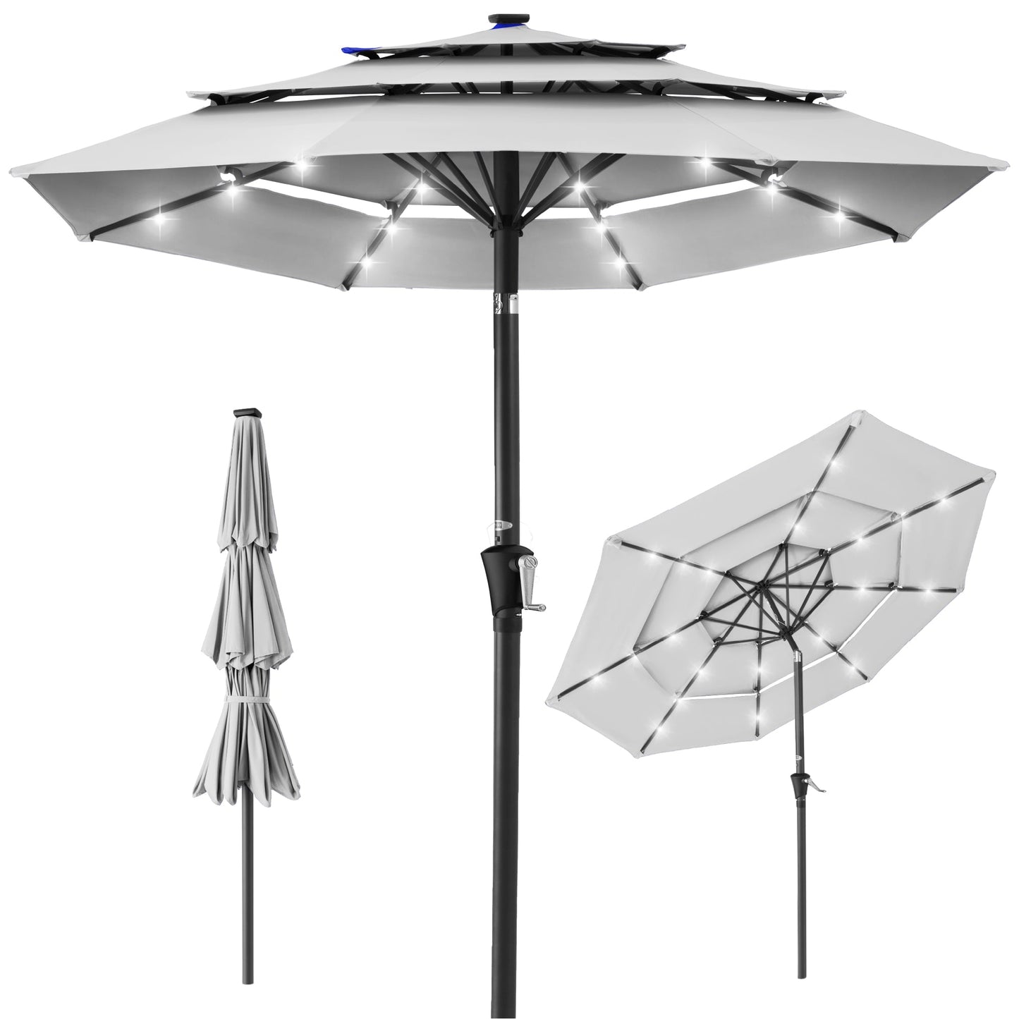 3-Tier Solar Patio Umbrella with LED Lights Tilt Adjustment Crank - 10ft for outdoor comfort and convenience