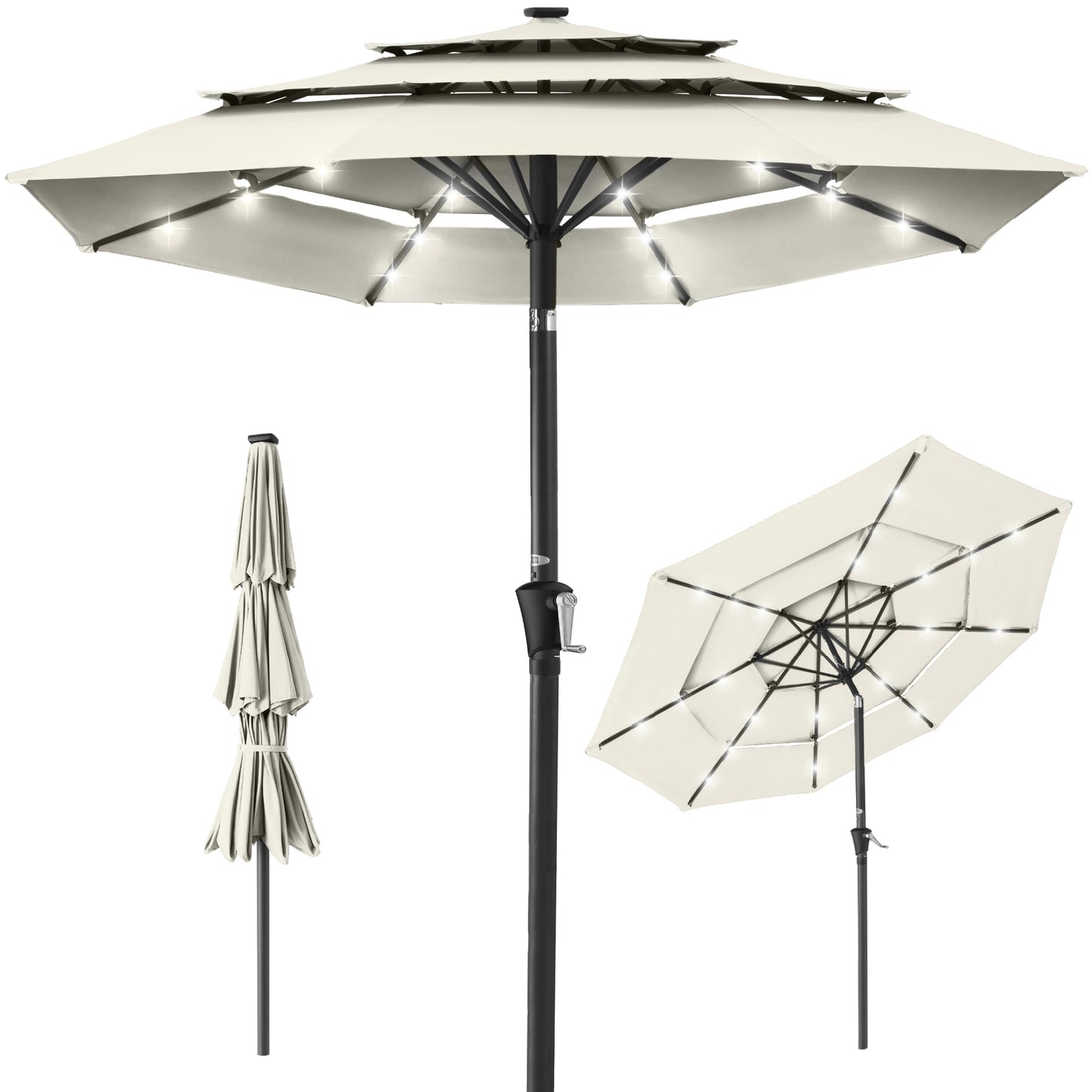 3-Tier Solar Patio Umbrella with LED Lights Tilt Adjustment Crank - 10ft for outdoor comfort and convenience