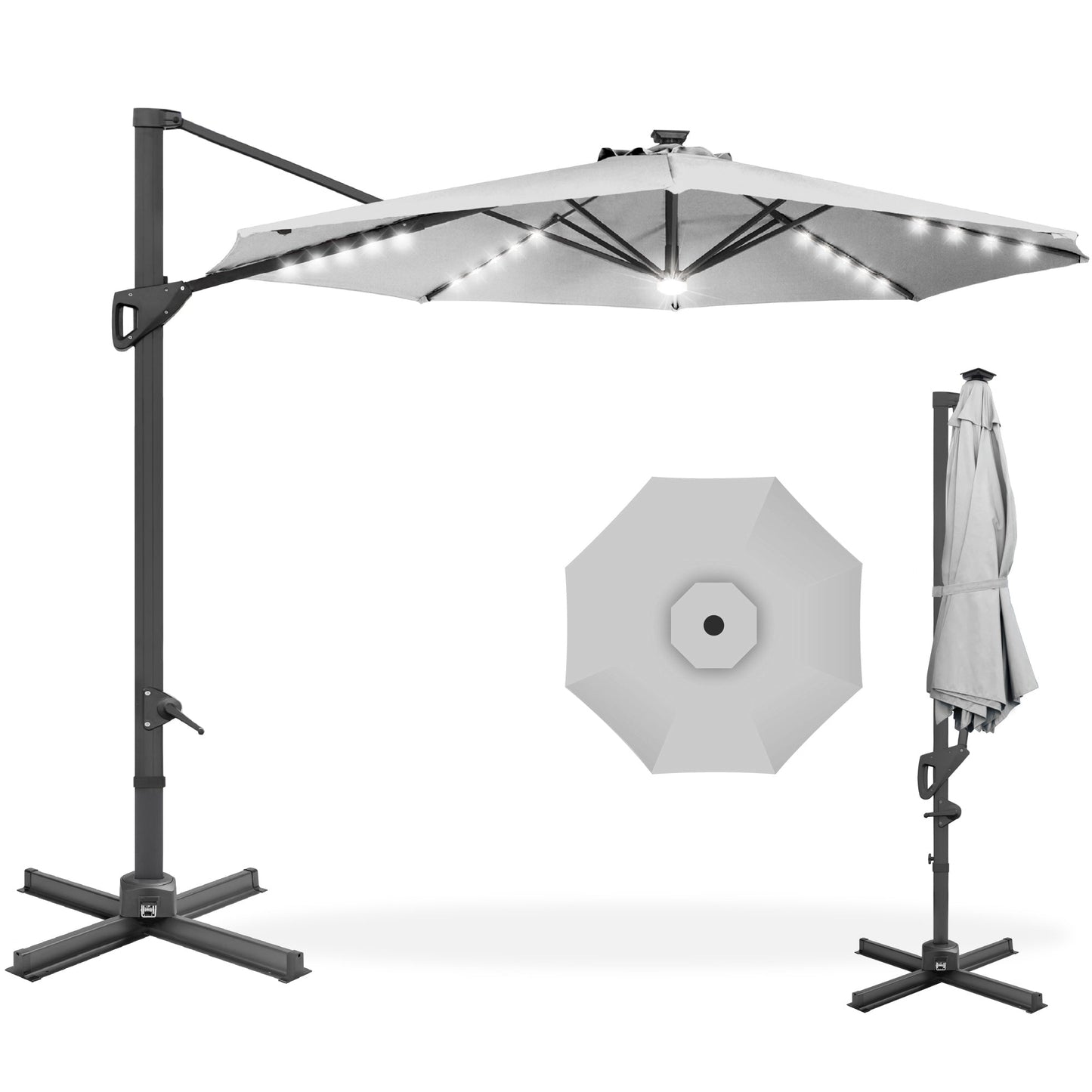 360-Degree Solar LED Cantilever Offset Patio Umbrella with Tilt - 10ft for outdoor comfort and convenience
