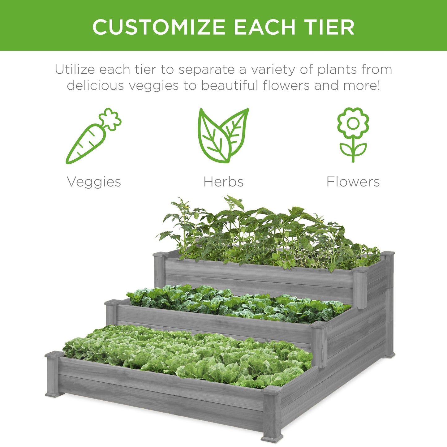3-Tier Raised Fir Wood Garden Bed Planter with Stackable and Flat Setup for outdoor comfort and convenience