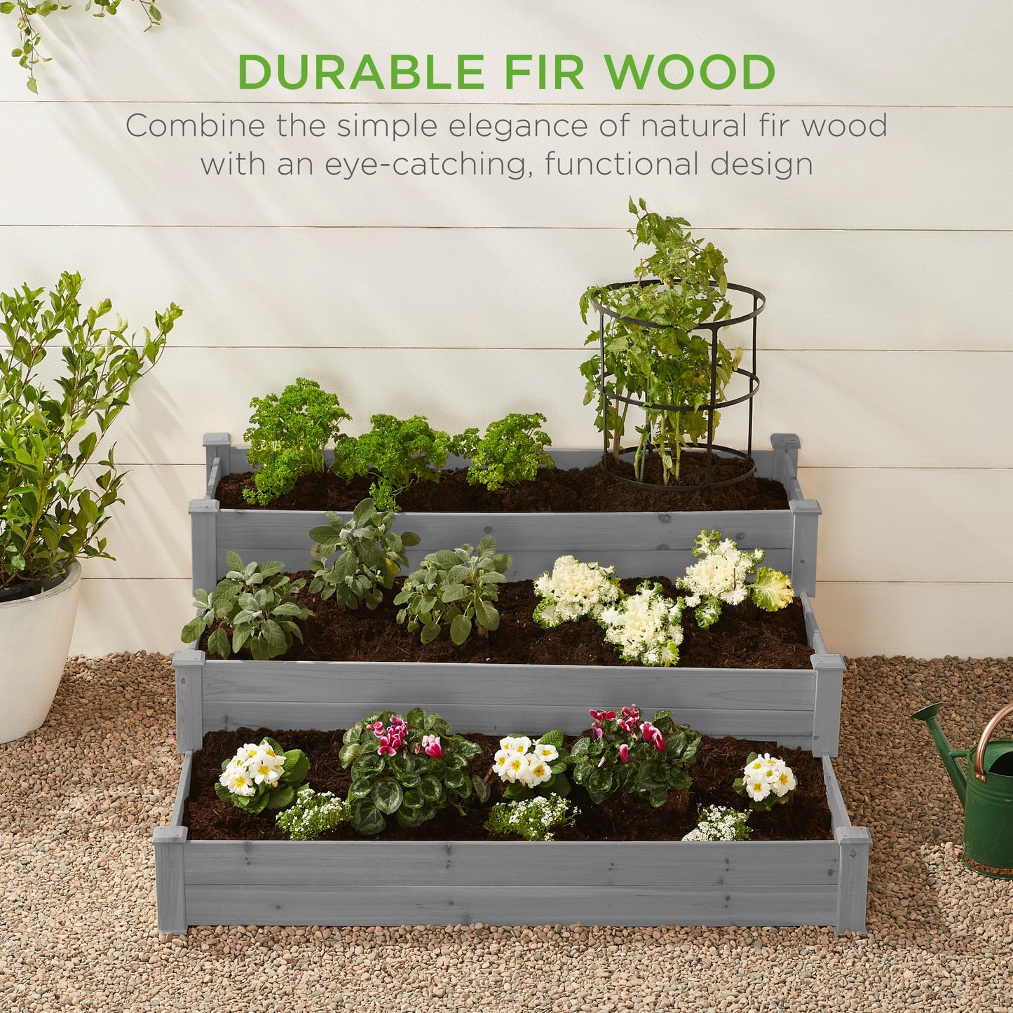 3-Tier Raised Fir Wood Garden Bed Planter with Stackable and Flat Setup for outdoor comfort and convenience