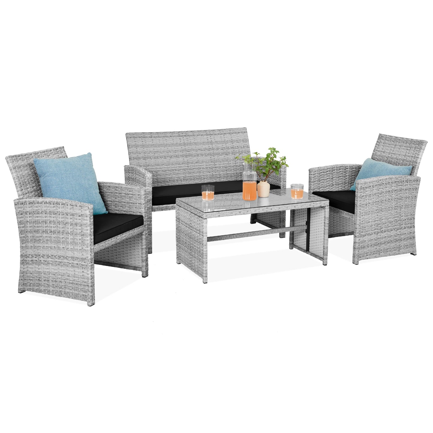 4-Piece Outdoor Wicker Conversation Patio Set with 4 Seats Glass Table Top for outdoor comfort and convenience