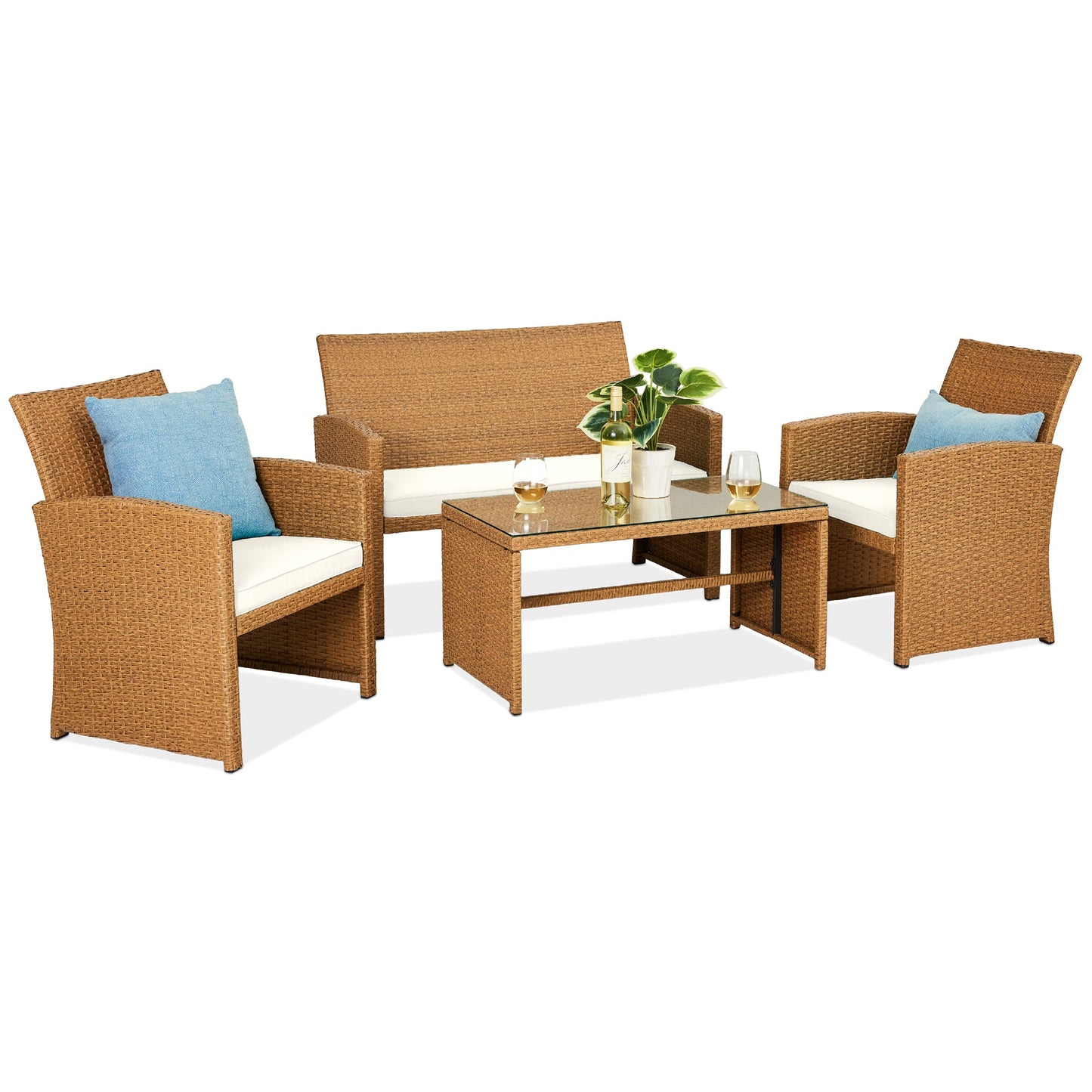 4-Piece Outdoor Wicker Conversation Patio Set with 4 Seats Glass Table Top for outdoor comfort and convenience
