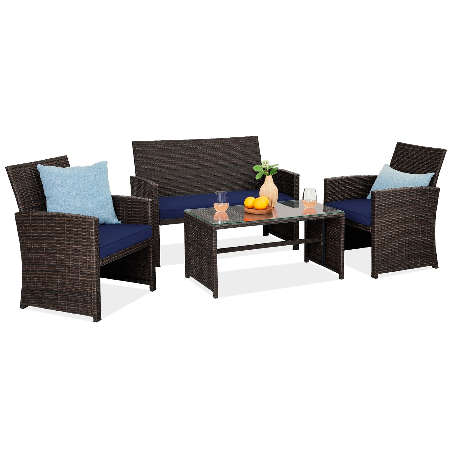 4-Piece Outdoor Wicker Conversation Patio Set with 4 Seats Glass Table Top for outdoor comfort and convenience
