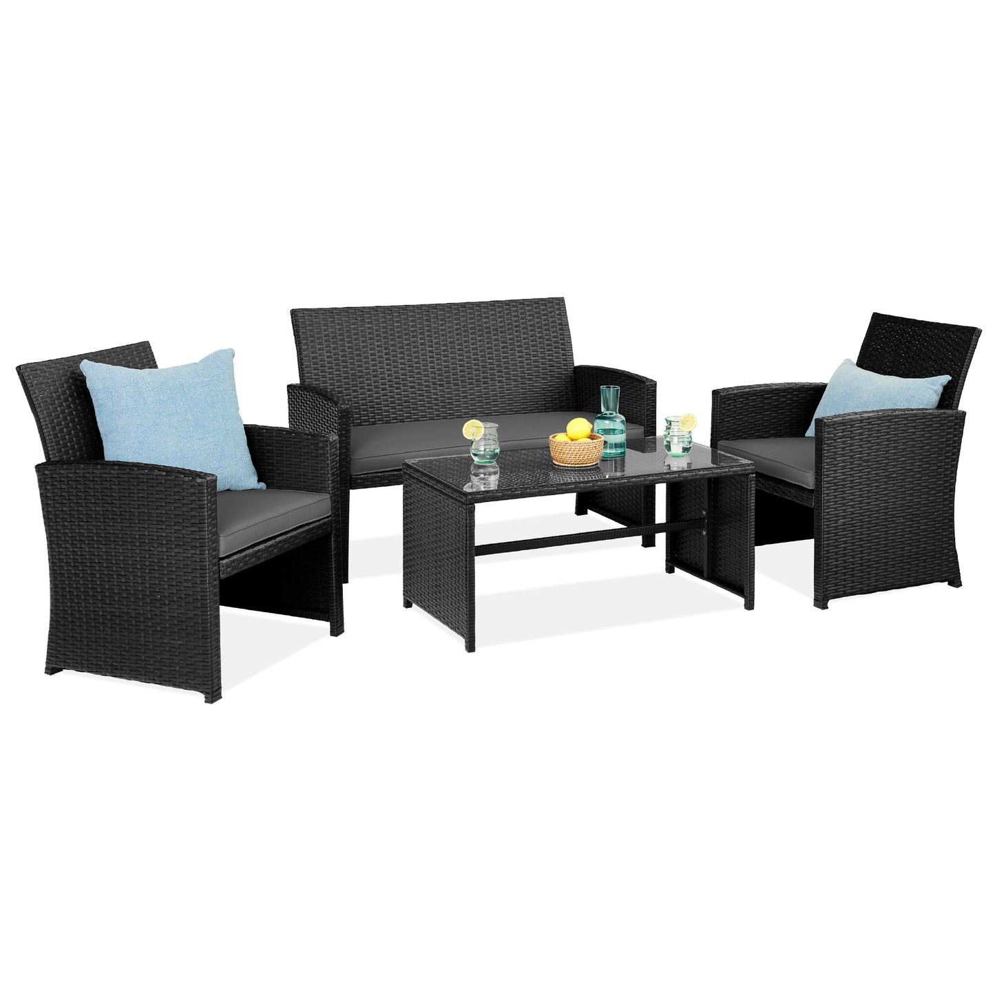 4-Piece Outdoor Wicker Conversation Patio Set with 4 Seats Glass Table Top for outdoor comfort and convenience
