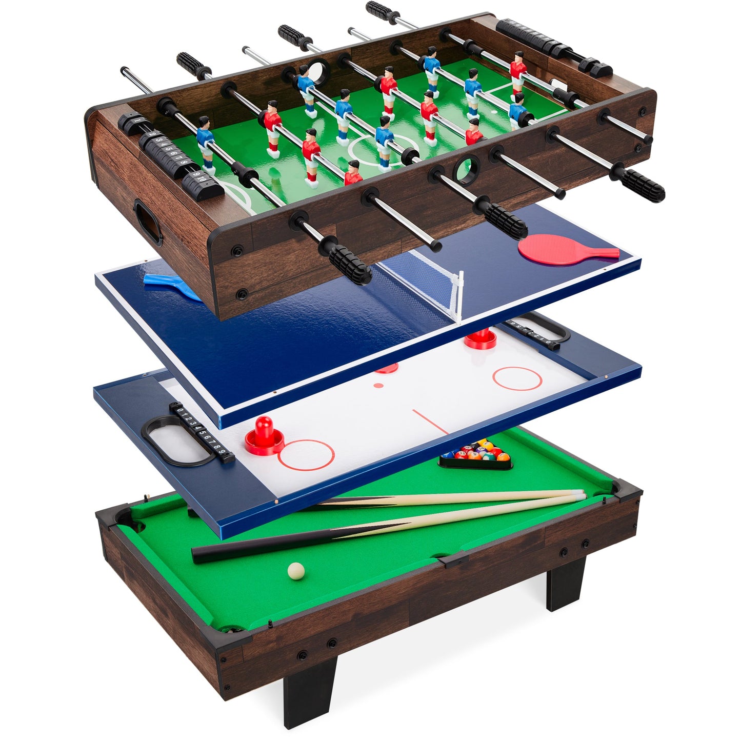 4-in-1 Multi Game Table Set with Air Hockey Table Tennis Billiards Foosball designed for kids' playtime and gifts