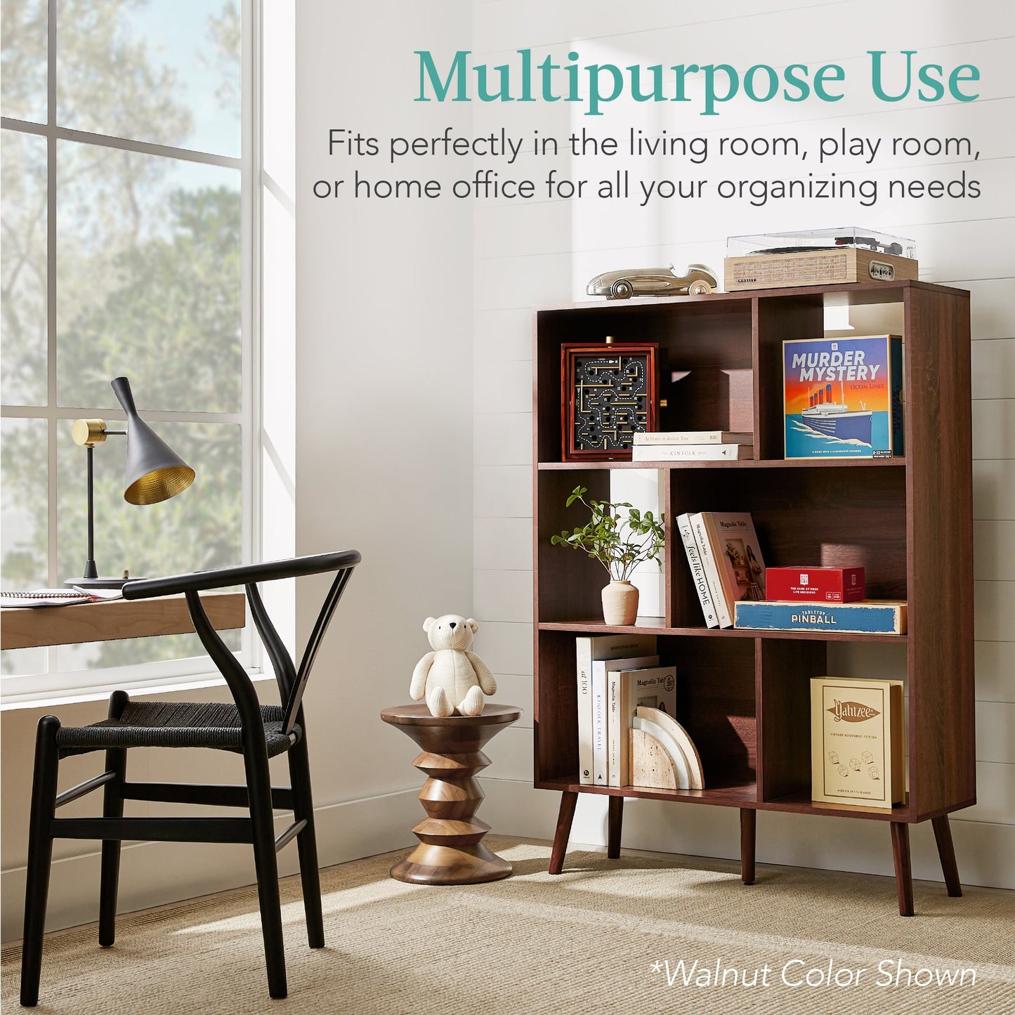 3-Tier Mid-Century Modern Wooden Bookcase with 3 Back Panels Offset Legs with practical style for home spaces