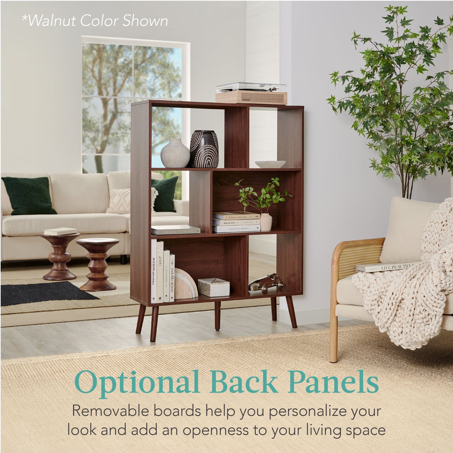3-Tier Mid-Century Modern Wooden Bookcase with 3 Back Panels Offset Legs with practical style for home spaces