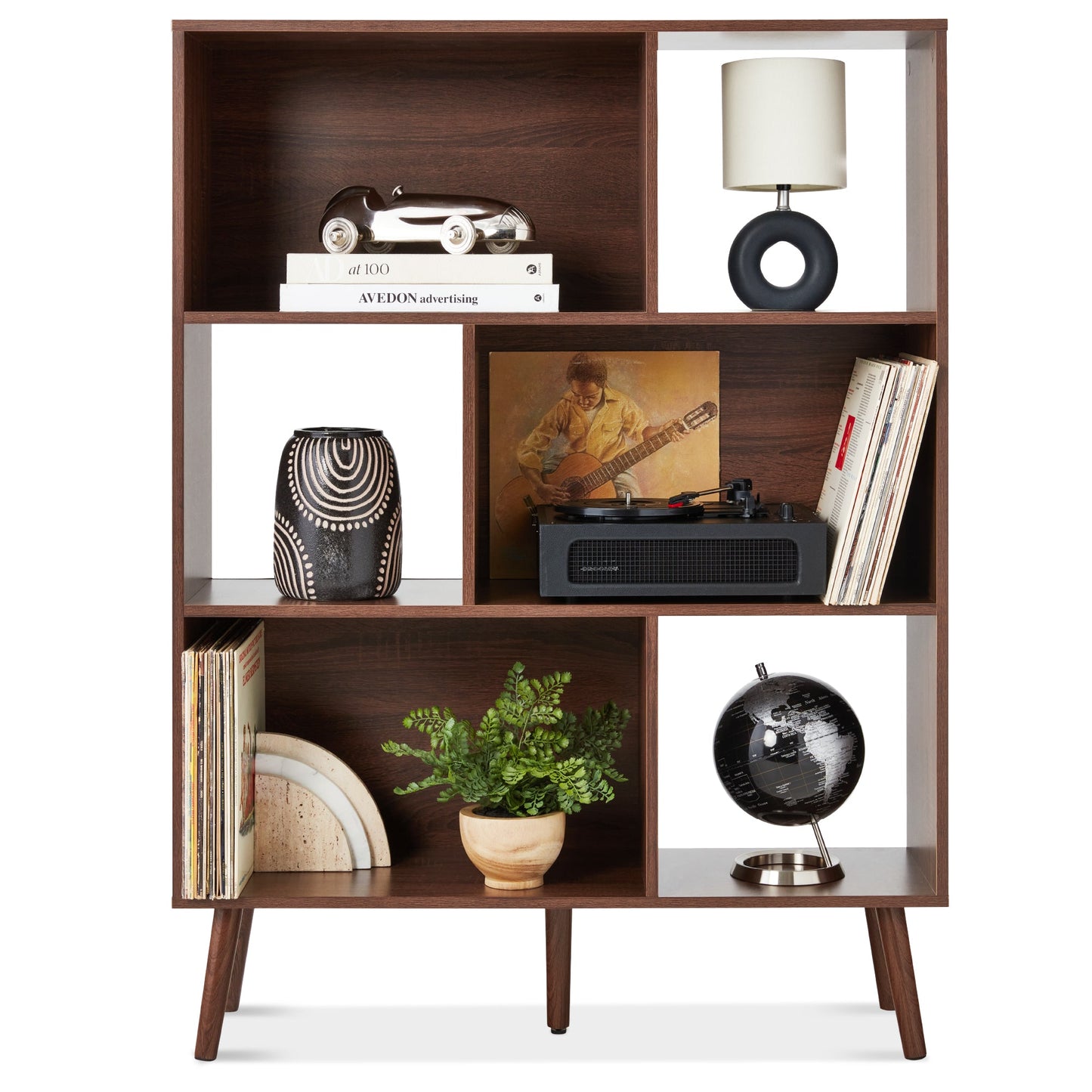 3-Tier Mid-Century Modern Wooden Bookcase with 3 Back Panels Offset Legs with practical style for home spaces