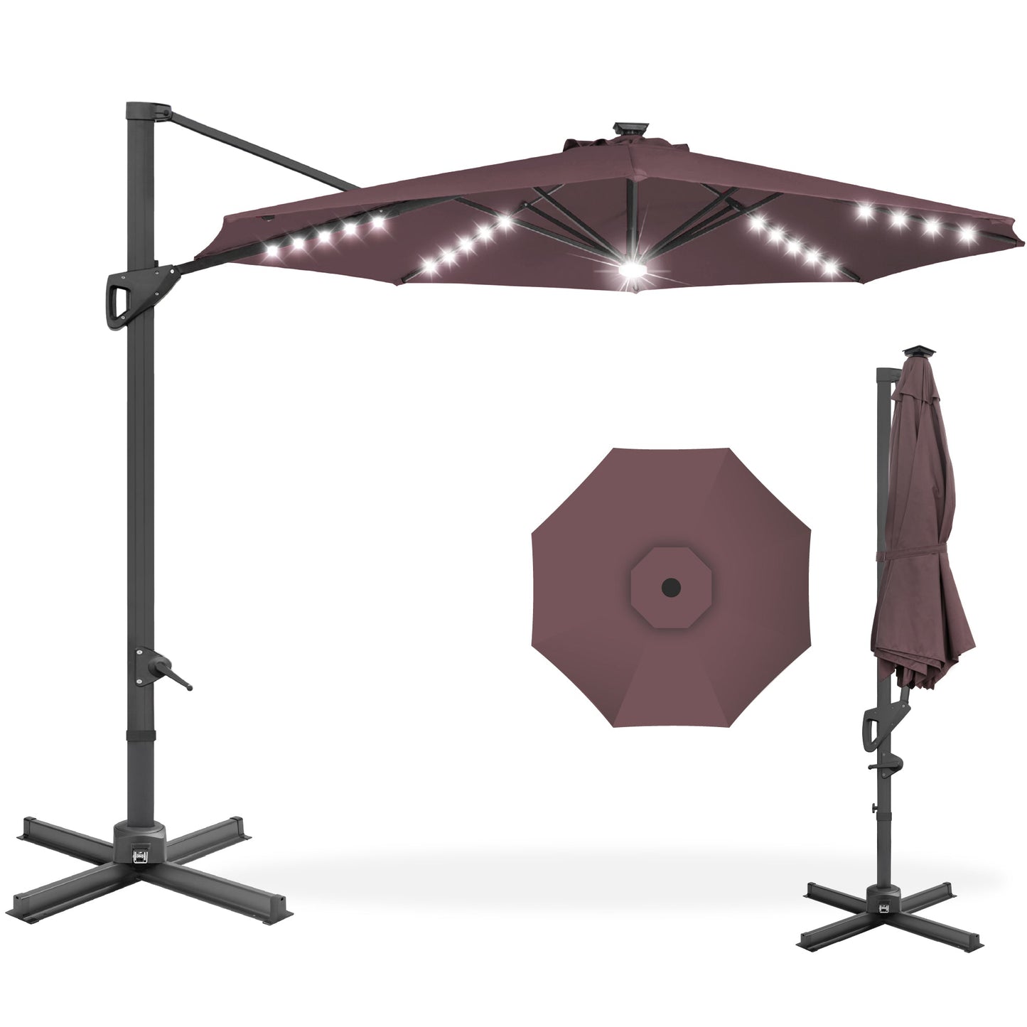 360-Degree Solar LED Cantilever Offset Patio Umbrella with Tilt - 10ft for outdoor comfort and convenience