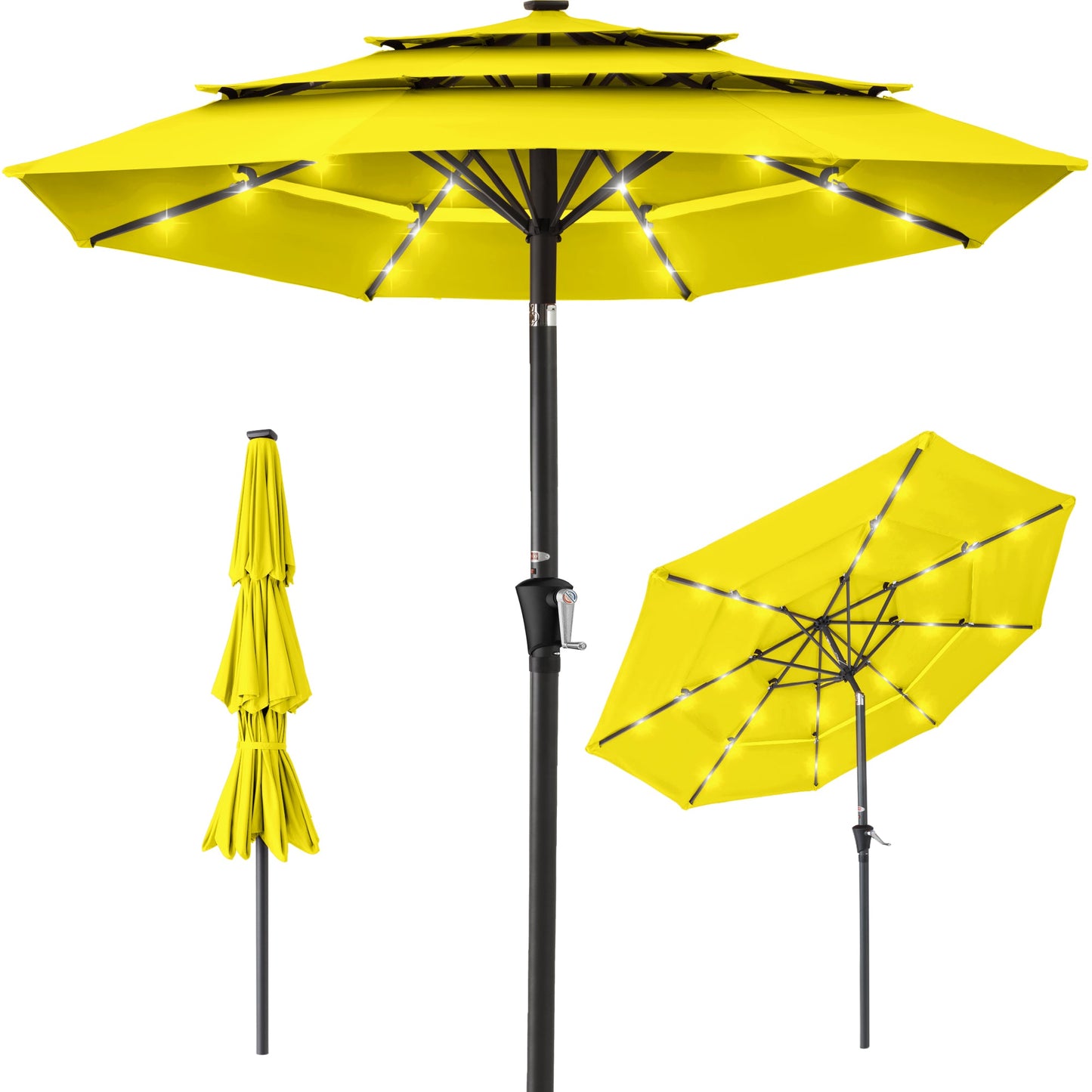 3-Tier Solar Patio Umbrella with LED Lights Tilt Adjustment Crank - 10ft for outdoor comfort and convenience