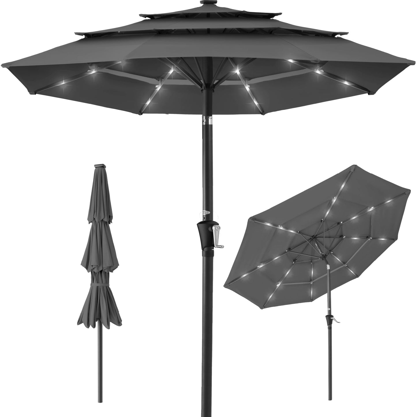 3-Tier Solar Patio Umbrella with LED Lights Tilt Adjustment Crank - 10ft for outdoor comfort and convenience