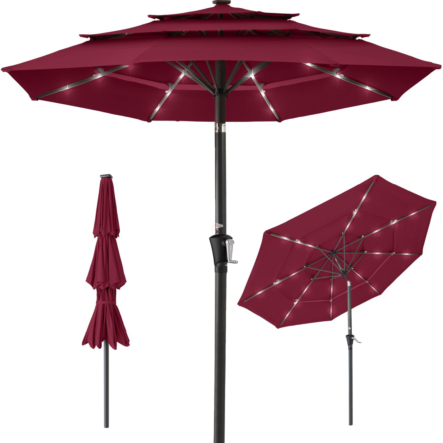 3-Tier Solar Patio Umbrella with LED Lights Tilt Adjustment Crank - 10ft for outdoor comfort and convenience