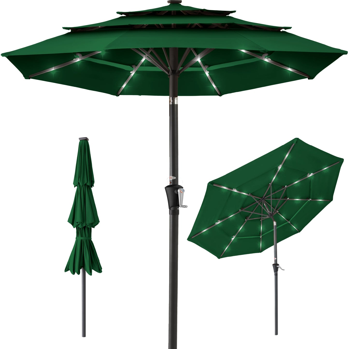 3-Tier Solar Patio Umbrella with LED Lights Tilt Adjustment Crank - 10ft for outdoor comfort and convenience