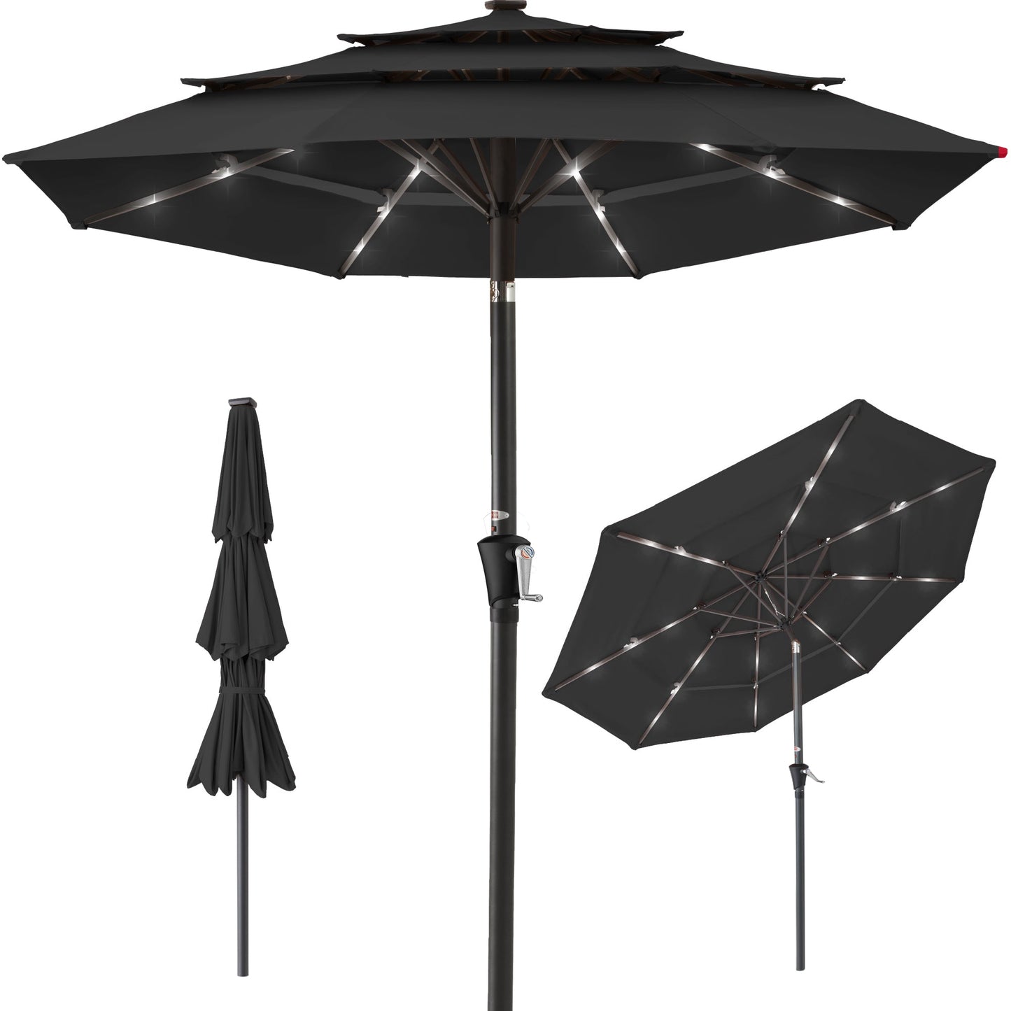3-Tier Solar Patio Umbrella with LED Lights Tilt Adjustment Crank - 10ft for outdoor comfort and convenience