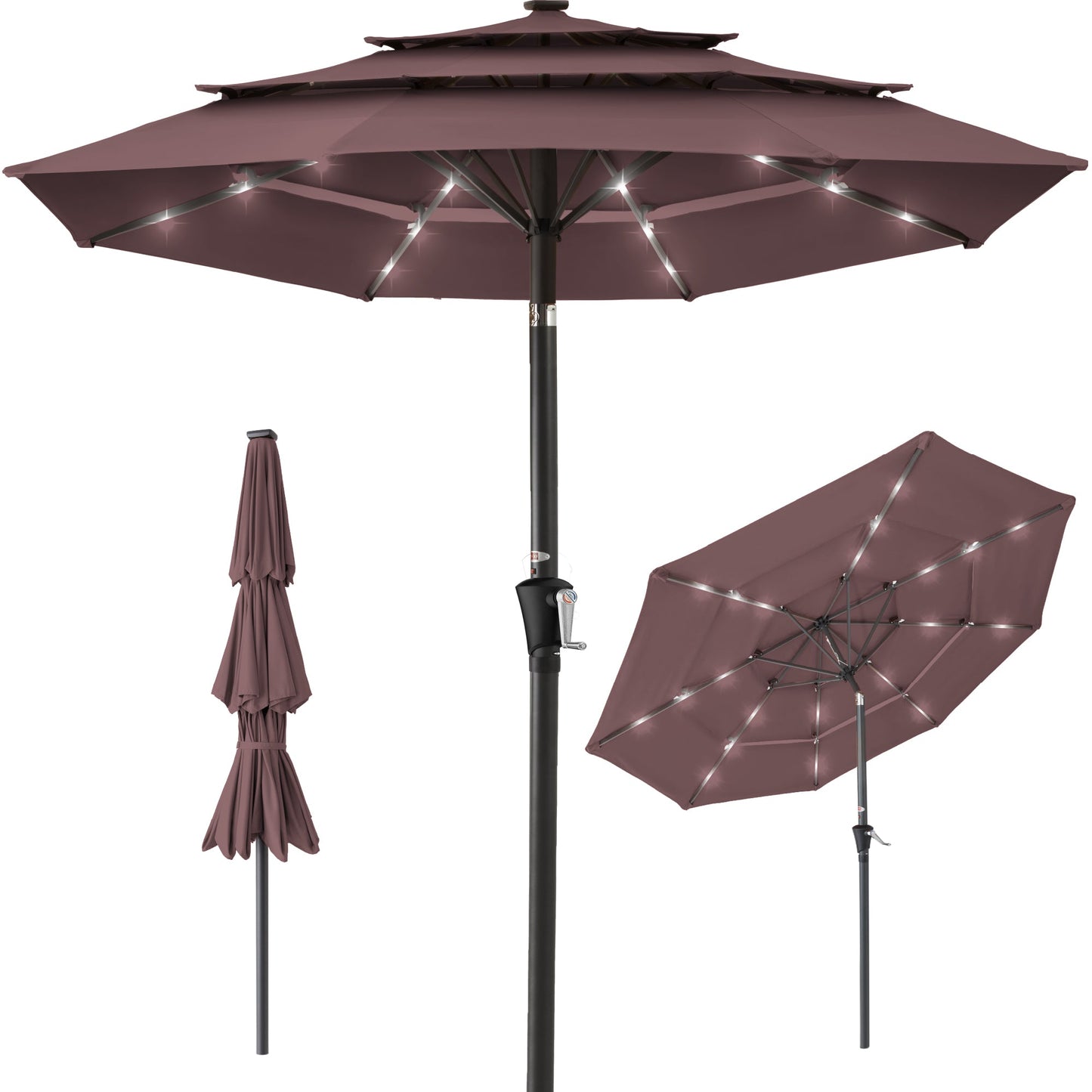 3-Tier Solar Patio Umbrella with LED Lights Tilt Adjustment Crank - 10ft for outdoor comfort and convenience