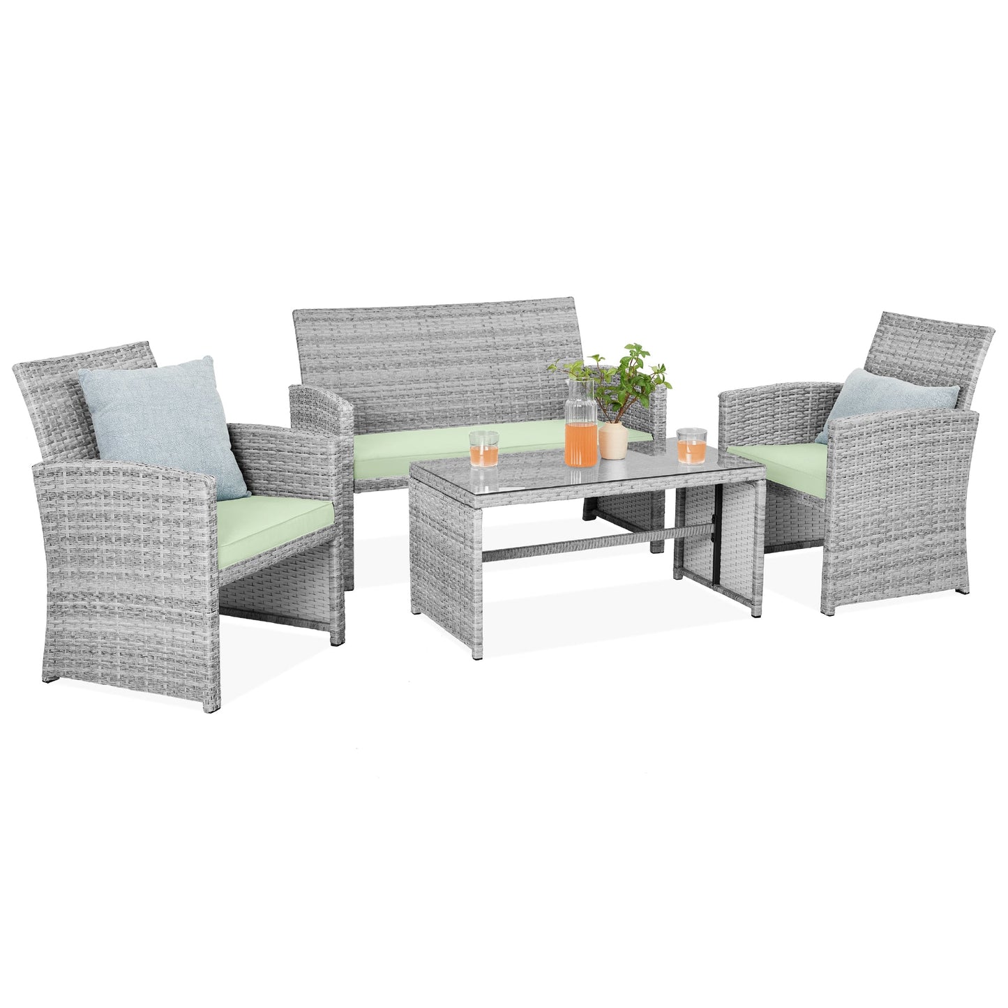 4-Piece Outdoor Wicker Conversation Patio Set with 4 Seats Glass Table Top for outdoor comfort and convenience