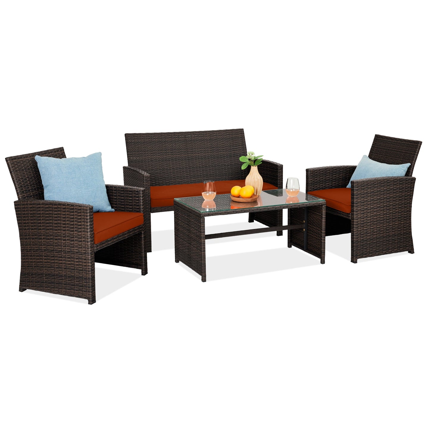 4-Piece Outdoor Wicker Conversation Patio Set with 4 Seats Glass Table Top for outdoor comfort and convenience