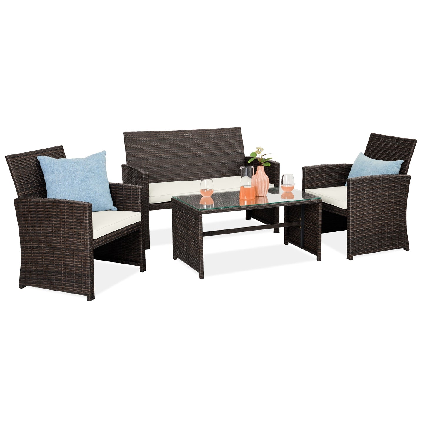 4-Piece Outdoor Wicker Conversation Patio Set with 4 Seats Glass Table Top for outdoor comfort and convenience