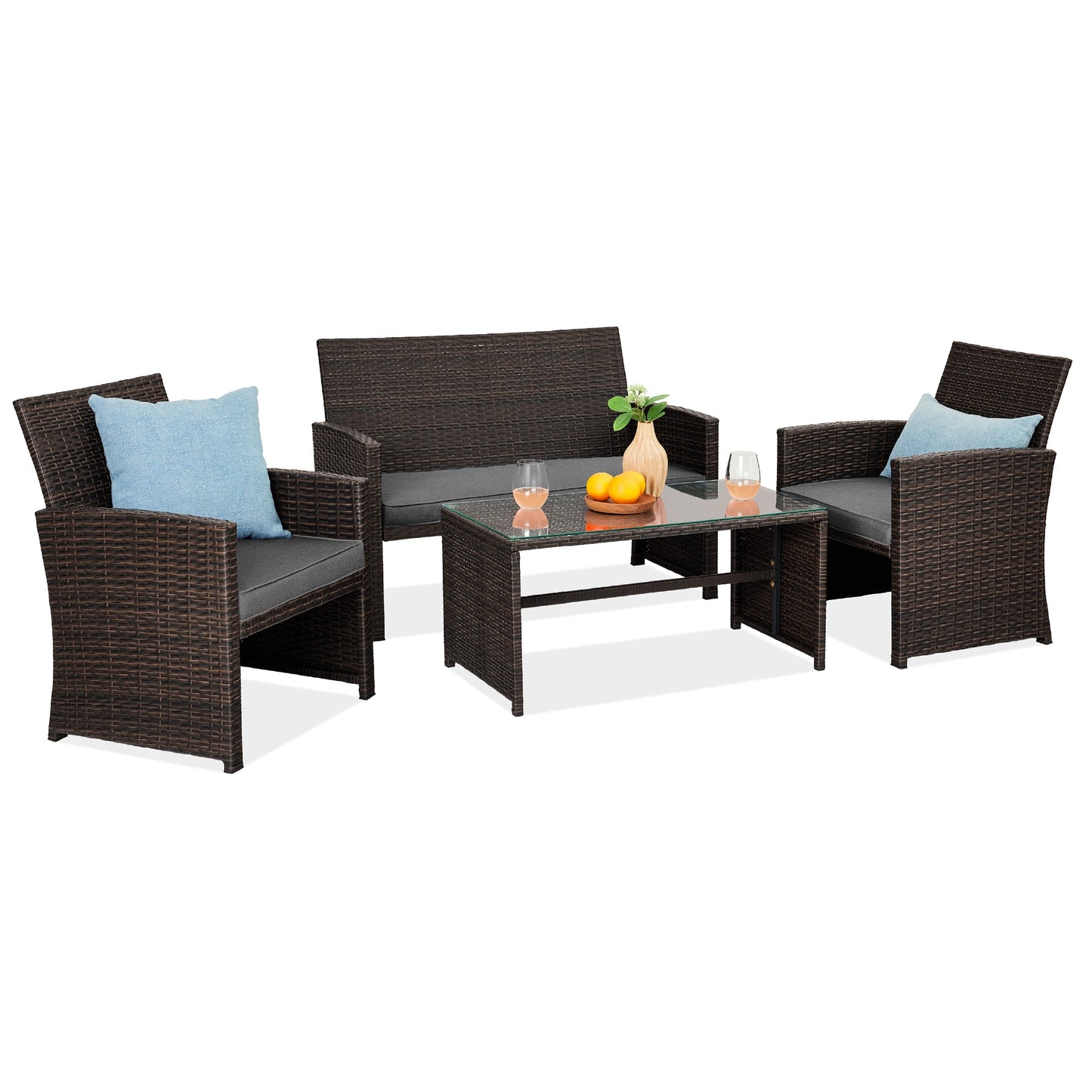 4-Piece Outdoor Wicker Conversation Patio Set with 4 Seats Glass Table Top for outdoor comfort and convenience