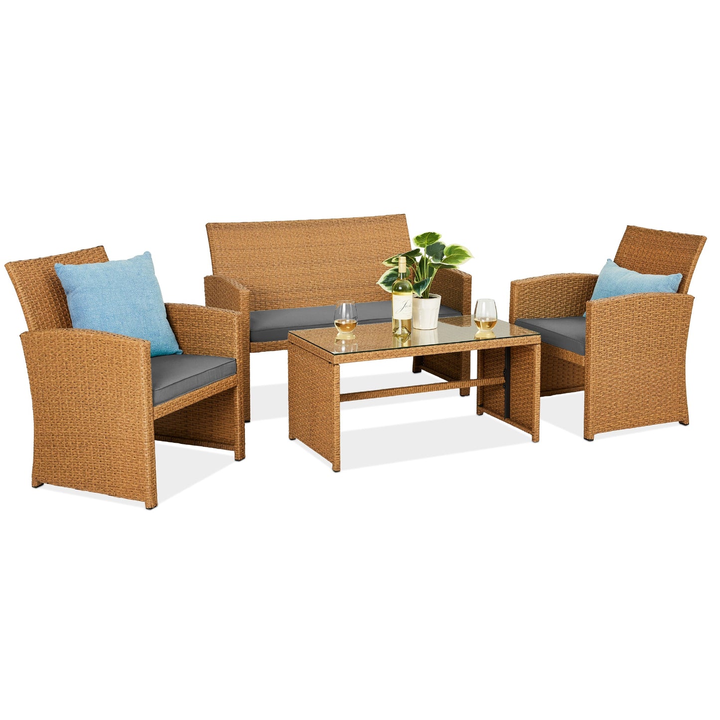 4-Piece Outdoor Wicker Conversation Patio Set with 4 Seats Glass Table Top for outdoor comfort and convenience