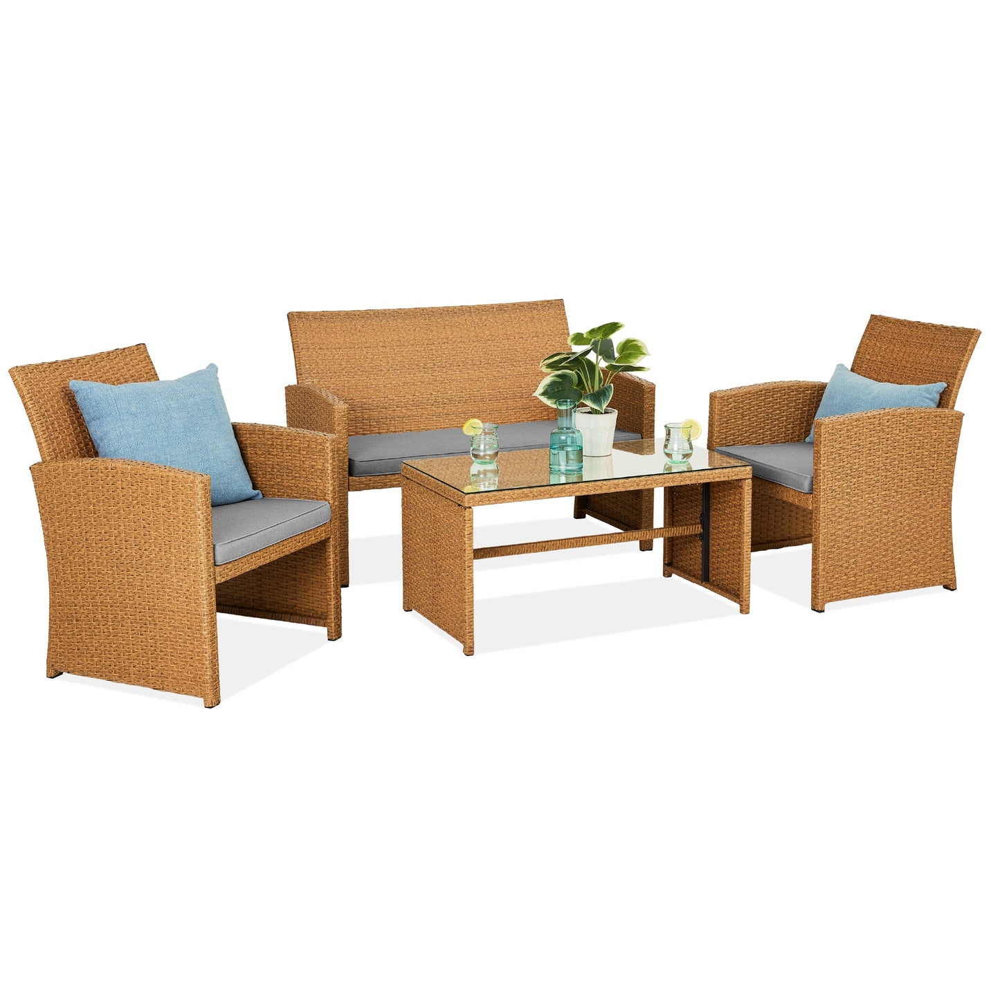 4-Piece Outdoor Wicker Conversation Patio Set with 4 Seats Glass Table Top for outdoor comfort and convenience