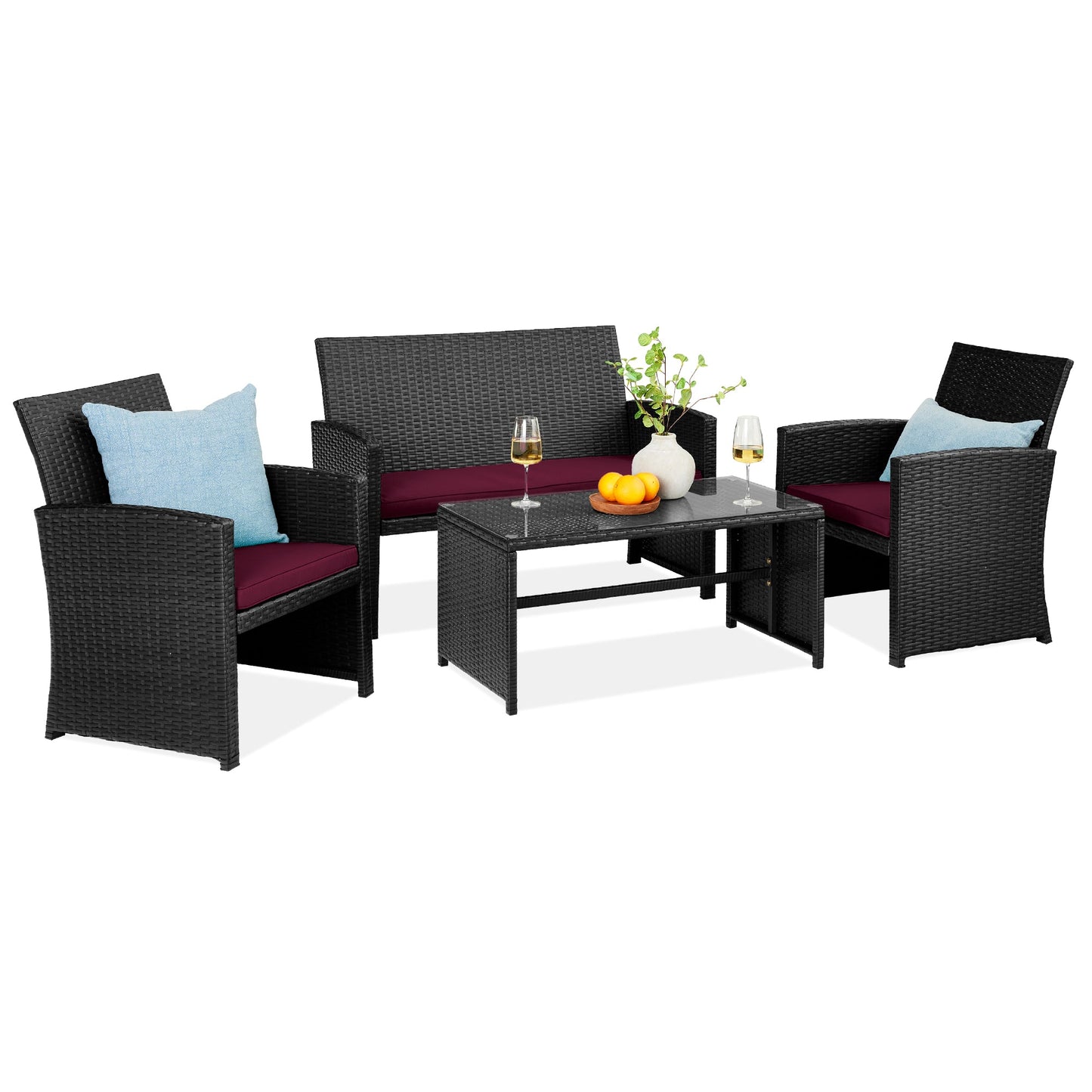 4-Piece Outdoor Wicker Conversation Patio Set with 4 Seats Glass Table Top for outdoor comfort and convenience