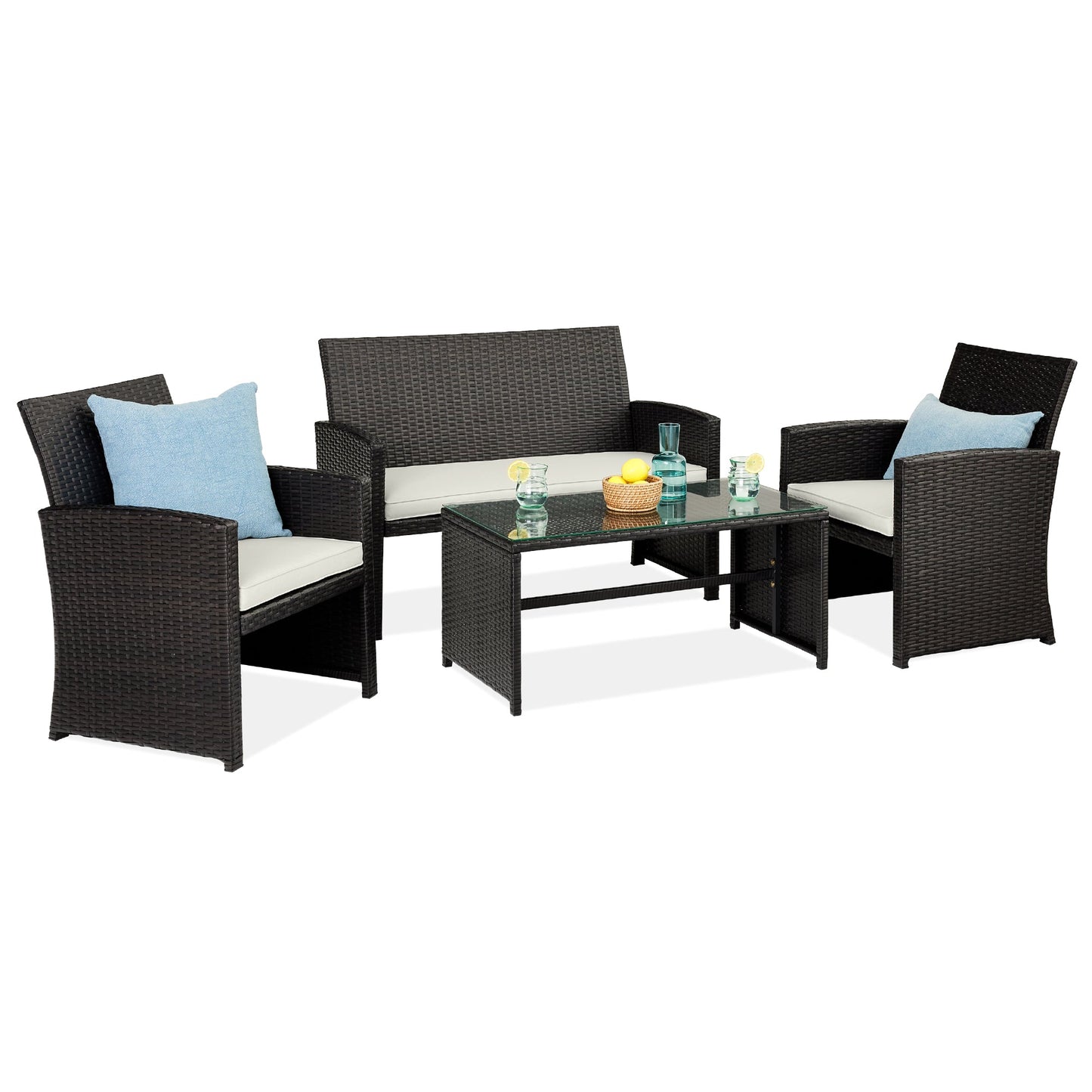 4-Piece Outdoor Wicker Conversation Patio Set with 4 Seats Glass Table Top for outdoor comfort and convenience