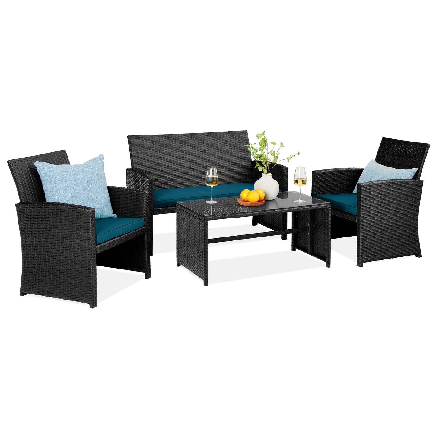 4-Piece Outdoor Wicker Conversation Patio Set with 4 Seats Glass Table Top for outdoor comfort and convenience
