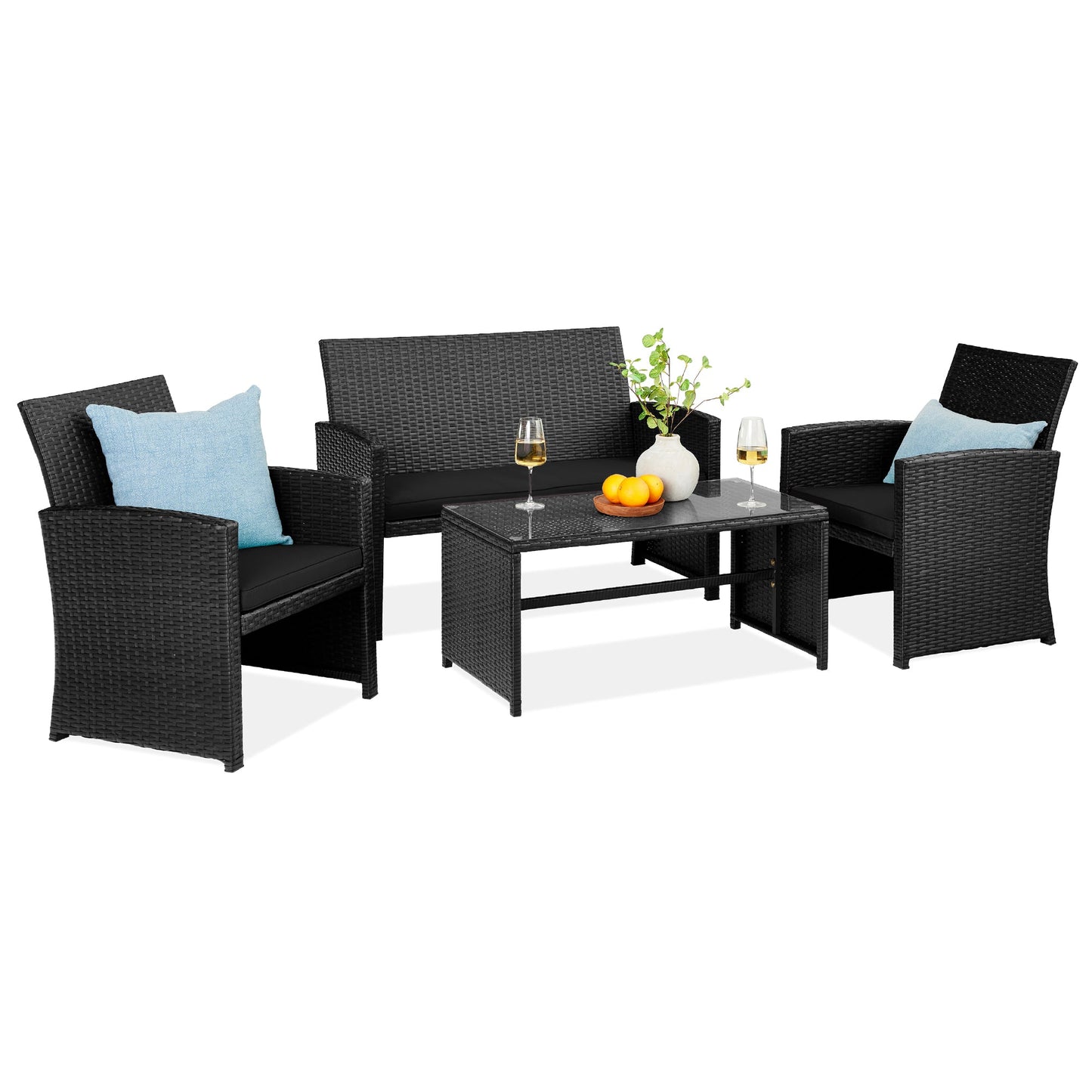 4-Piece Outdoor Wicker Conversation Patio Set with 4 Seats Glass Table Top for outdoor comfort and convenience
