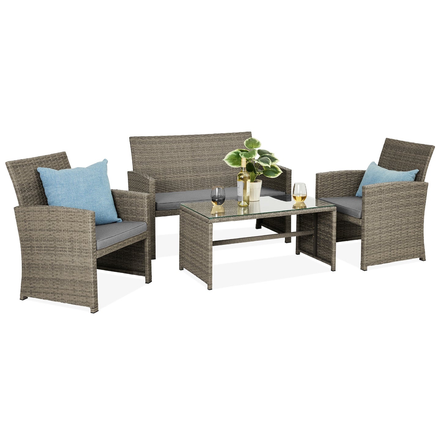 4-Piece Outdoor Wicker Conversation Patio Set with 4 Seats Glass Table Top for outdoor comfort and convenience