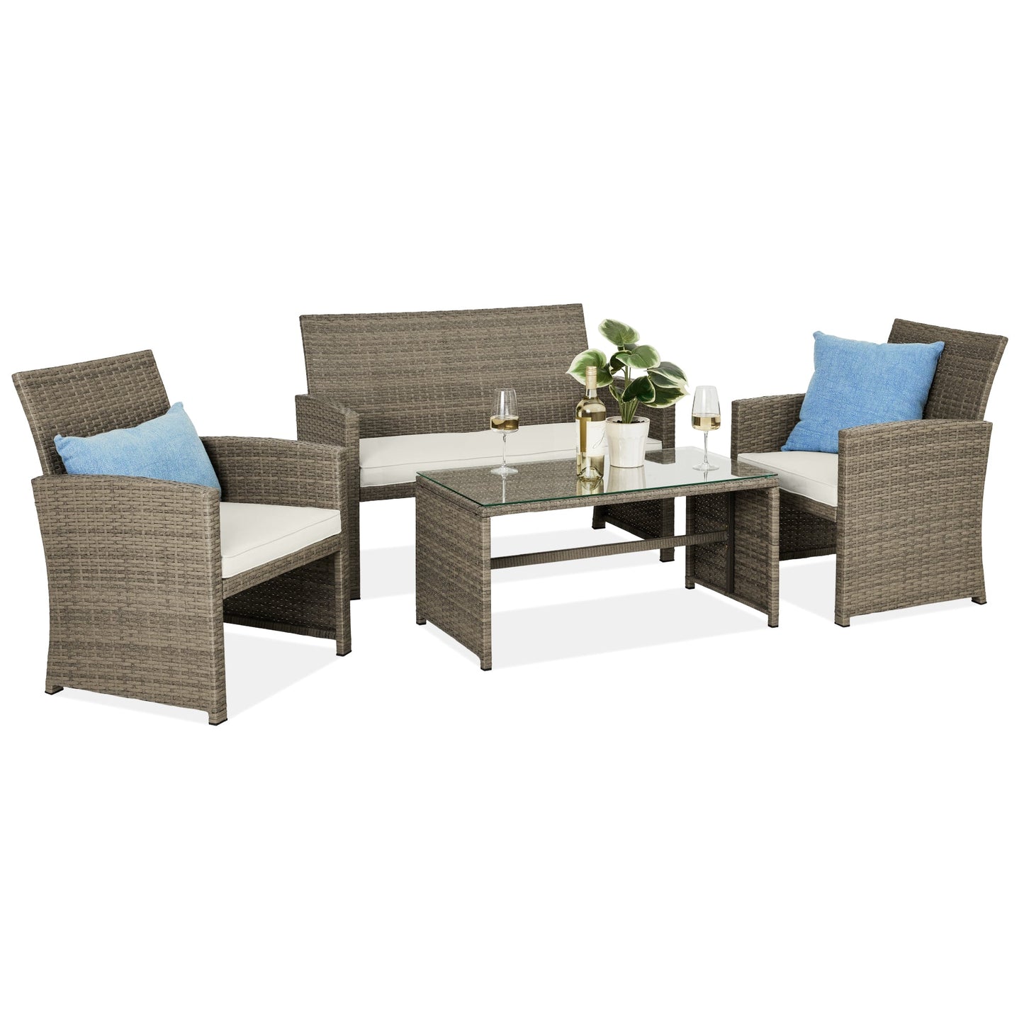 4-Piece Outdoor Wicker Conversation Patio Set with 4 Seats Glass Table Top for outdoor comfort and convenience