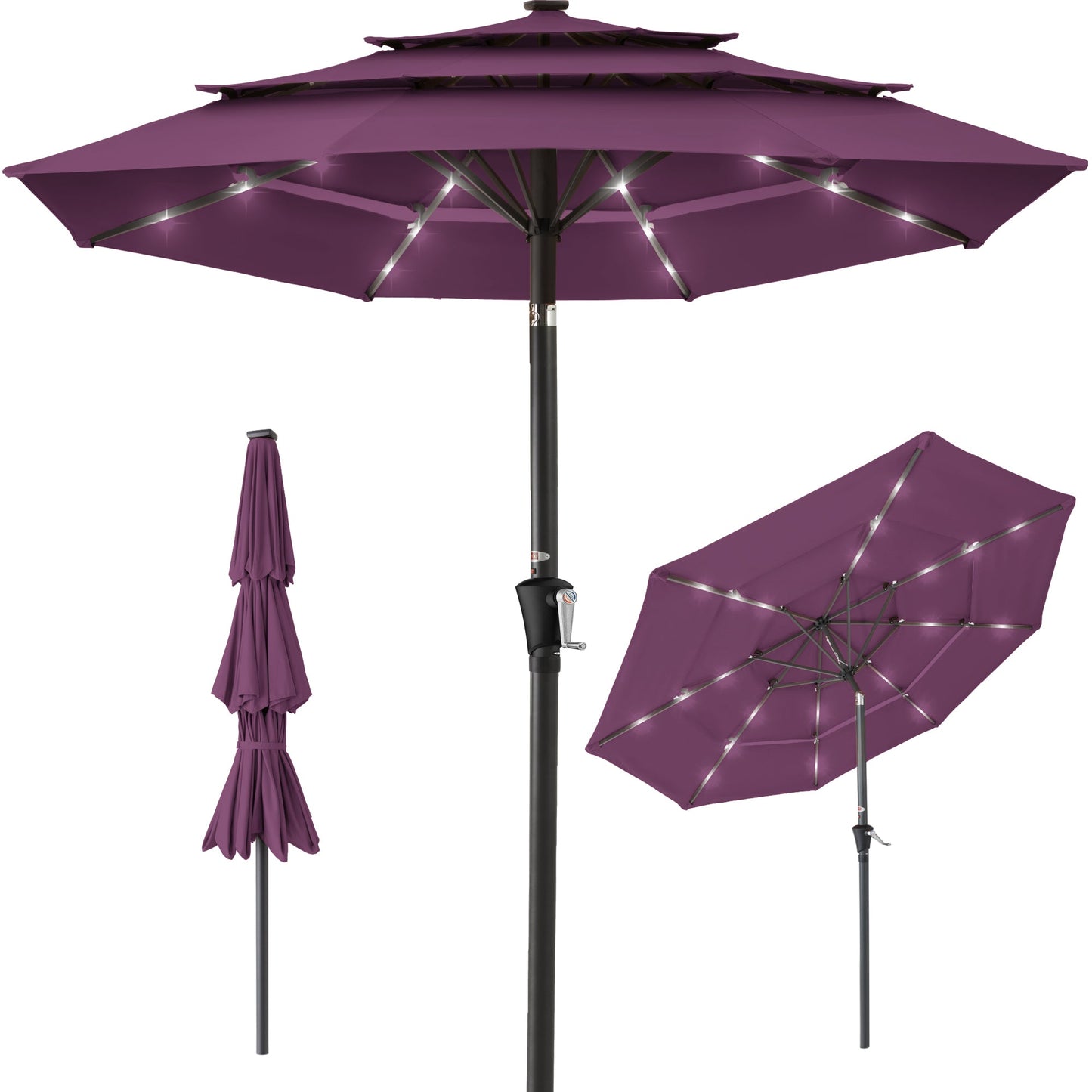 3-Tier Solar Patio Umbrella with LED Lights Tilt Adjustment Crank - 10ft for outdoor comfort and convenience