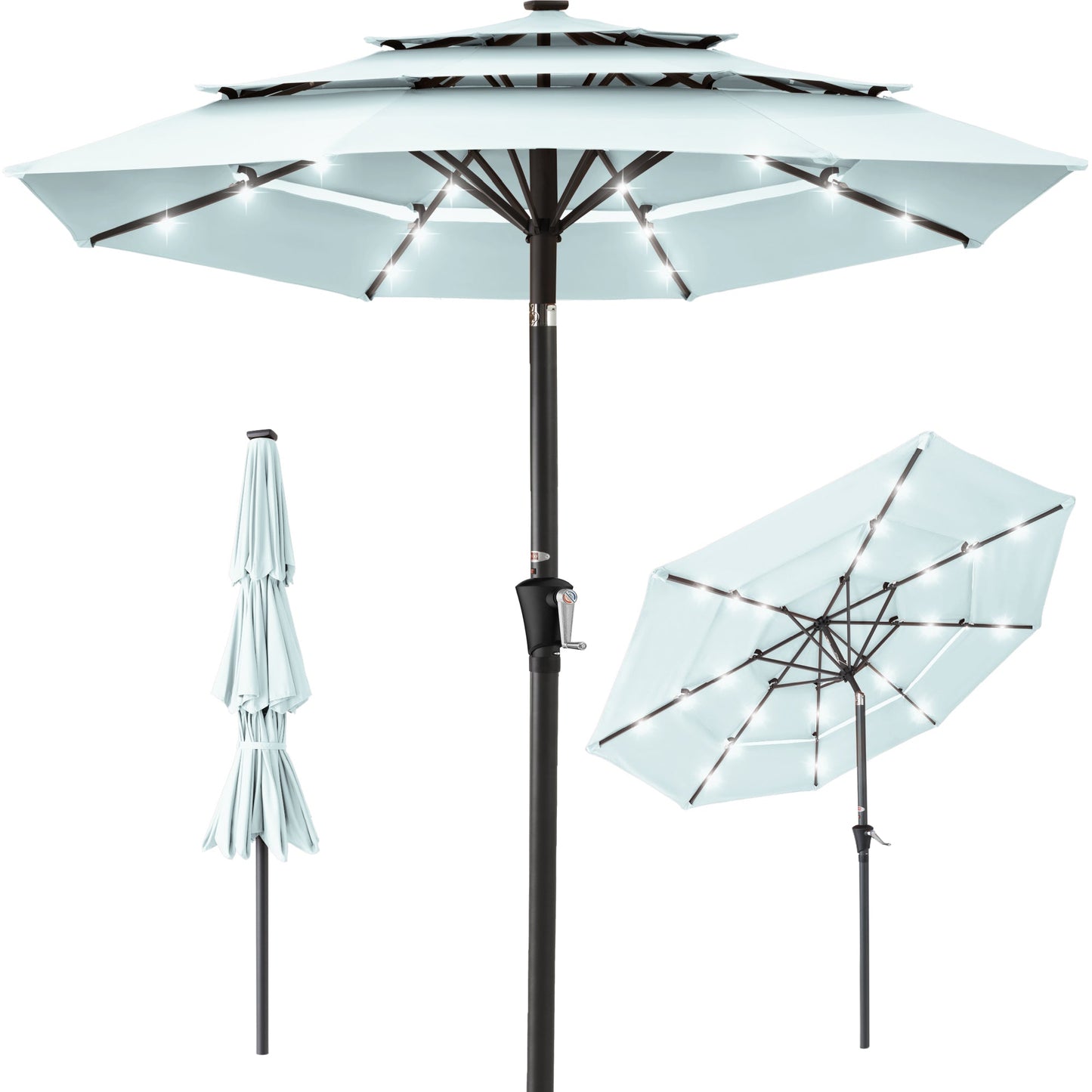 3-Tier Solar Patio Umbrella with LED Lights Tilt Adjustment Crank - 10ft for outdoor comfort and convenience