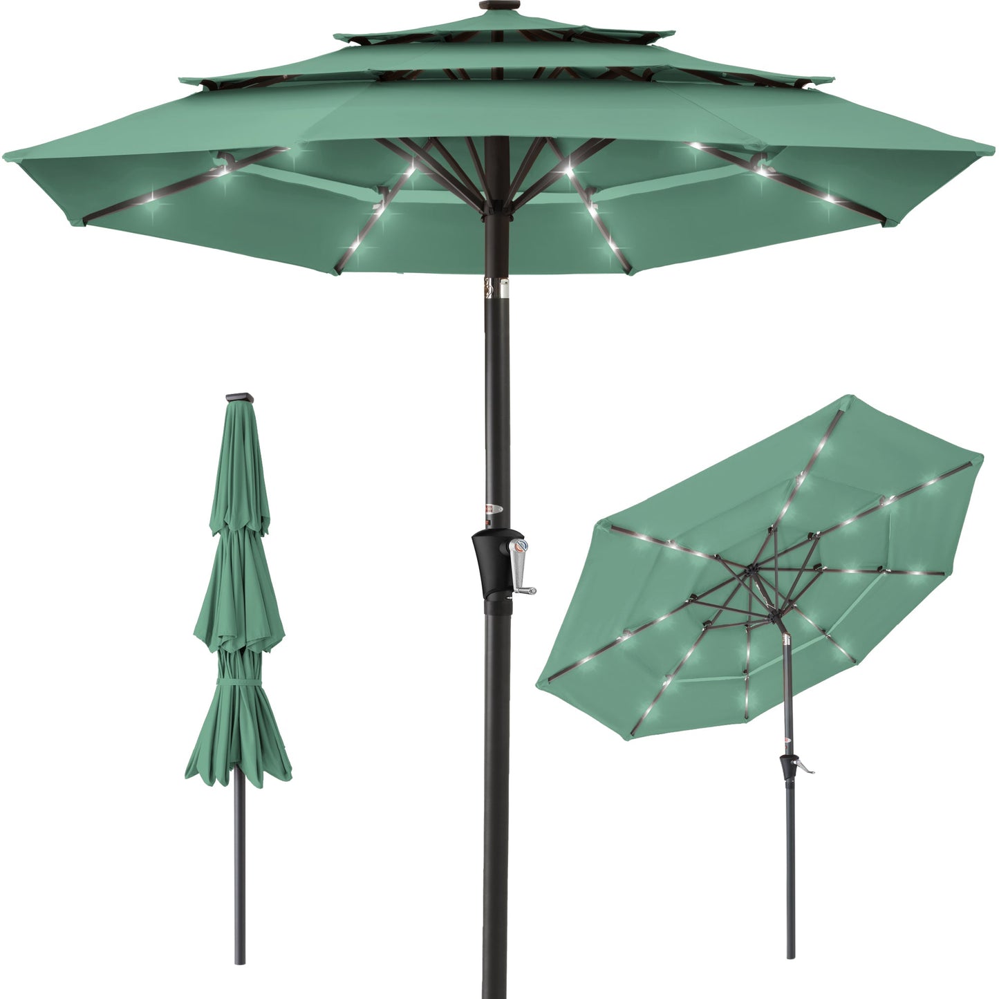 3-Tier Solar Patio Umbrella with LED Lights Tilt Adjustment Crank - 10ft for outdoor comfort and convenience