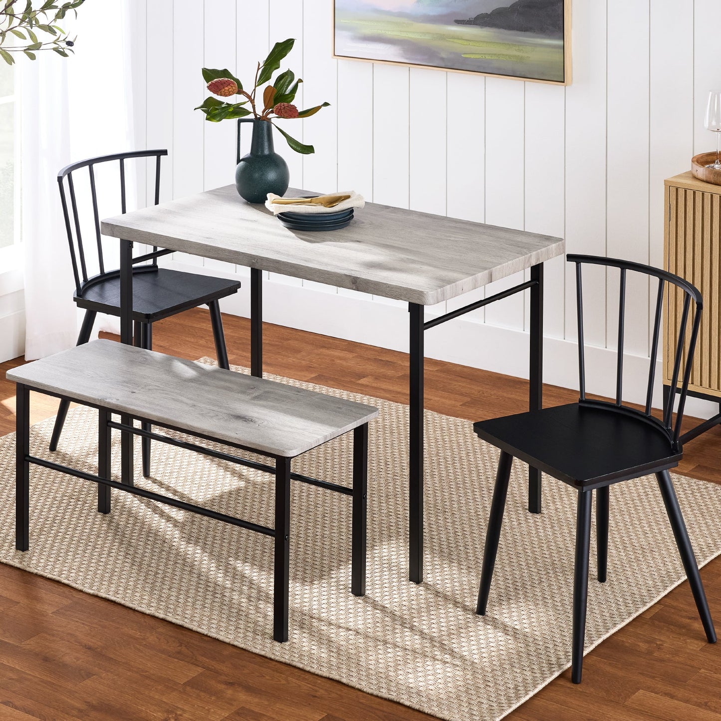 4-Piece Farmhouse Dining Table Set with 2 Black Spindle Chairs Bench Table for comfortable home living