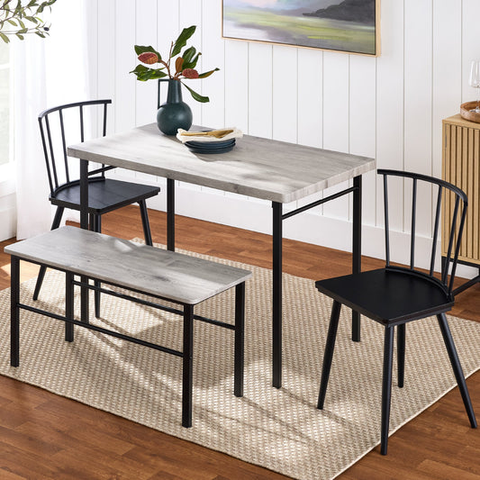 4-Piece Farmhouse Dining Table Set with 2 Black Spindle Chairs Bench Table for comfortable home living